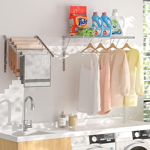 Miniatura 2 de Estante de secado de ropa montado en la pared, estante retráctil de secado de ropa de 29.92 pulgadas, estante plegable para ropa interior con 6