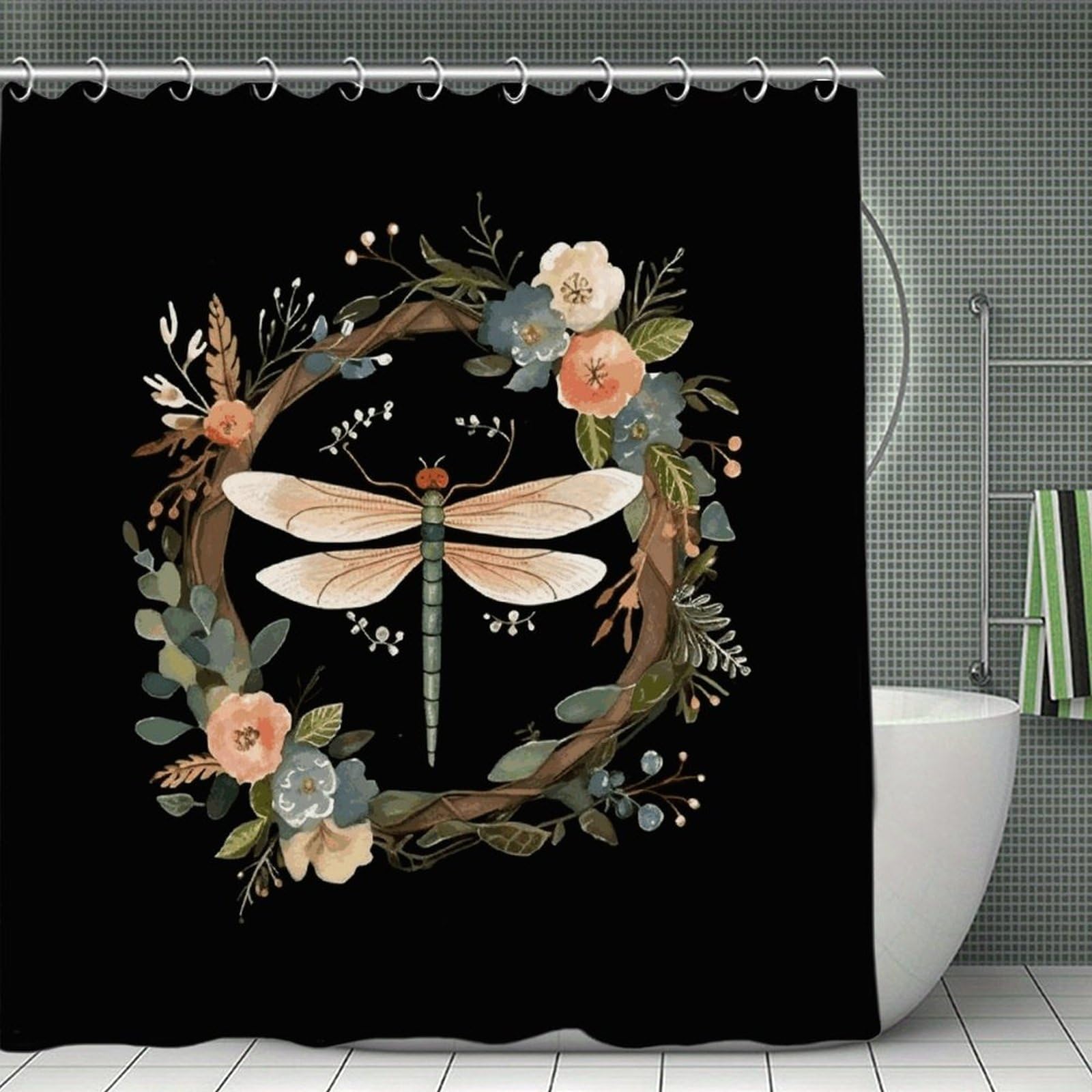 JTREHY Image of Dragonfly in Wreath Shower Curtain Waterproof Bathroom Shower Curtain Machine Washable Bath Curtains Polyester Cloth Bath Curtains for Bathroom Showers 70.8×70.8Inch