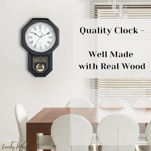 Miniatura 6 de Reloj de pared de péndulo negro, reloj regulador de madera real, silencioso, sin timbre y funciona con pilas, diseño decorativo de casa escolar de