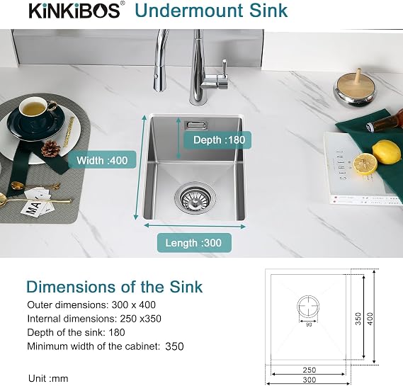 304 Stainless Steel Sink 30 x 40 cm, Small Kitchen Sink, Drain Set | Suitable for Inset, Undermount & Flush-mount Installation, 1 Bowl, Brushed