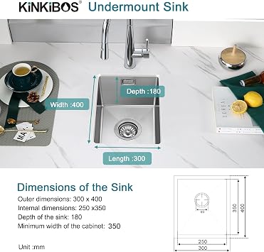 304 Stainless Steel Sink 30 x 40 cm, Small Kitchen Sink, Drain Set | Suitable for Inset, Undermount & Flush-mount Installation, 1 Bowl, Brushed