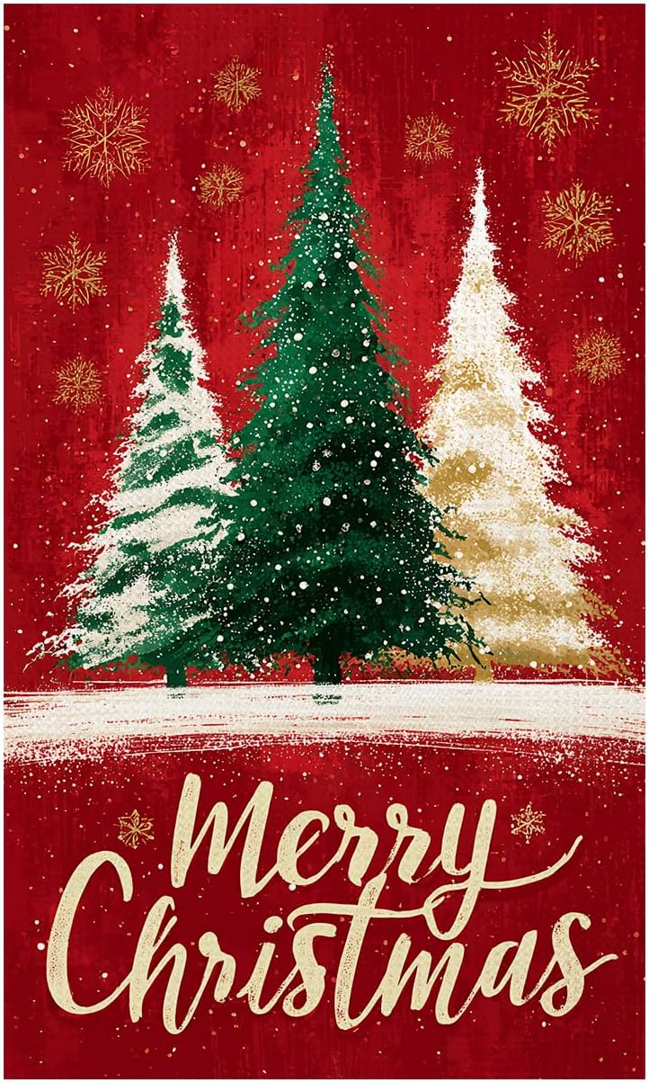 Christmas Kitchen Towels – Holiday Dish Towel with Three Christmas Trees & Snowflakes, Classic Red Cotton Tea Towels for Festive Kitchen Décor, Baking & Cleaning Gift