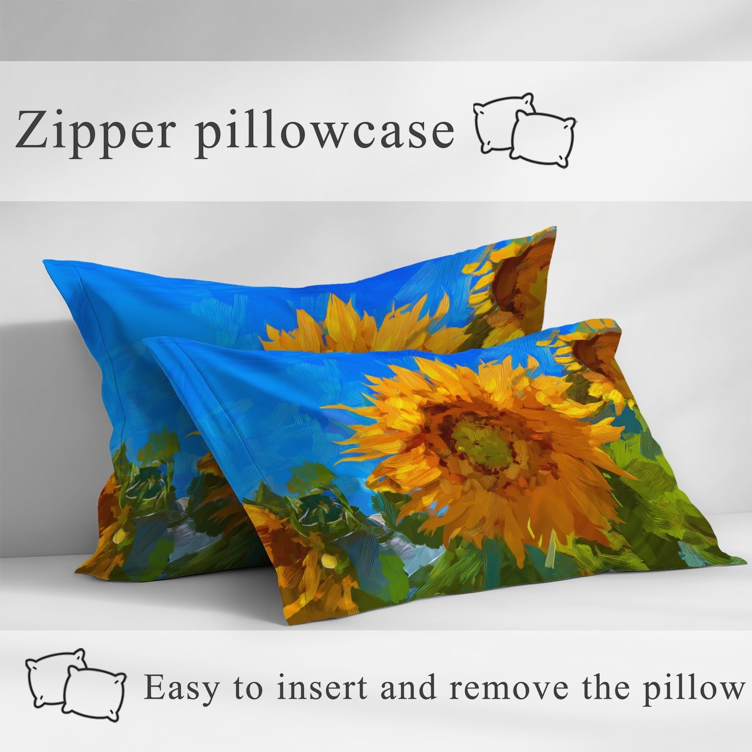 King Fitted Sheets - Bed Sheets Breathable and Luxury Microfibre Bedding Sets 160 x 200 cm, Golden Yellow Sunflowers, Green Foliage Botanical, Vintage Floral, Warm Sunlit, Modern Large Master Bedroom
