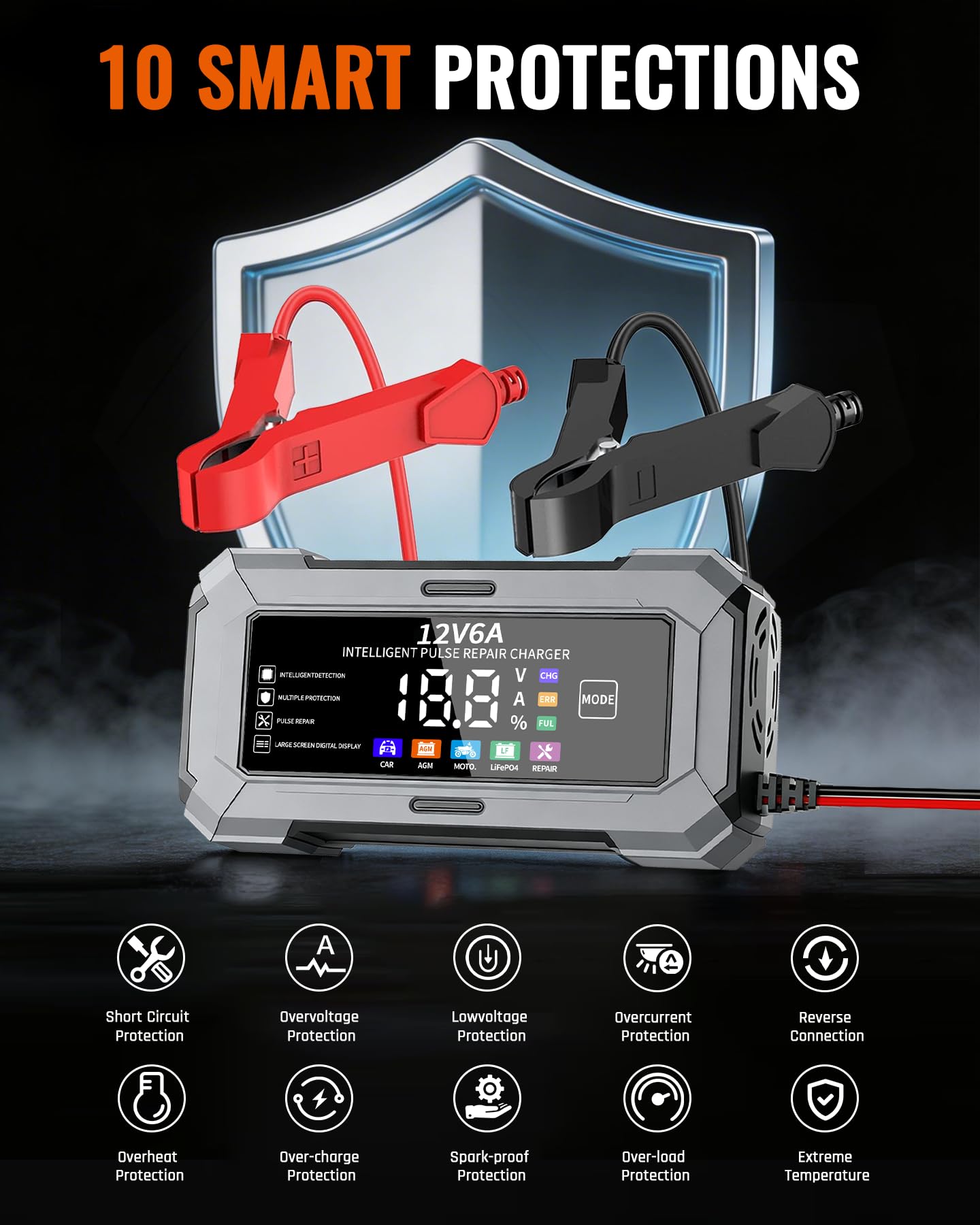 TANYO Caricabatterie Intelligente 12V 6A con Display LCD per Auto Moto AGM LiFePO4