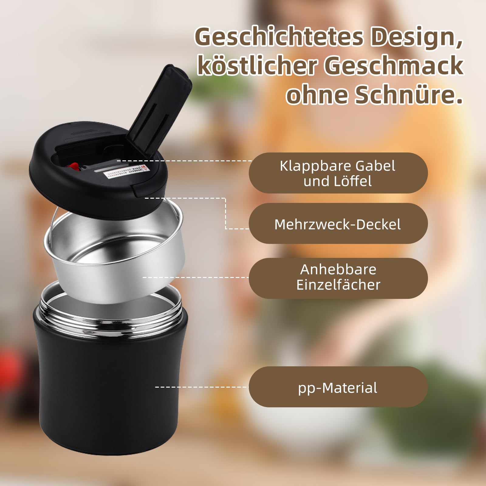 Thermobehälter für Essen, Thermobehälter Brotdose 1,2L Edelstahl Isolierter Behälterbehälter für Warmes Geschirr Thermoschüssel mit Deckel Thermo Lunchbox für Mahlzeiten,Suppe,Obst (Schwarz)