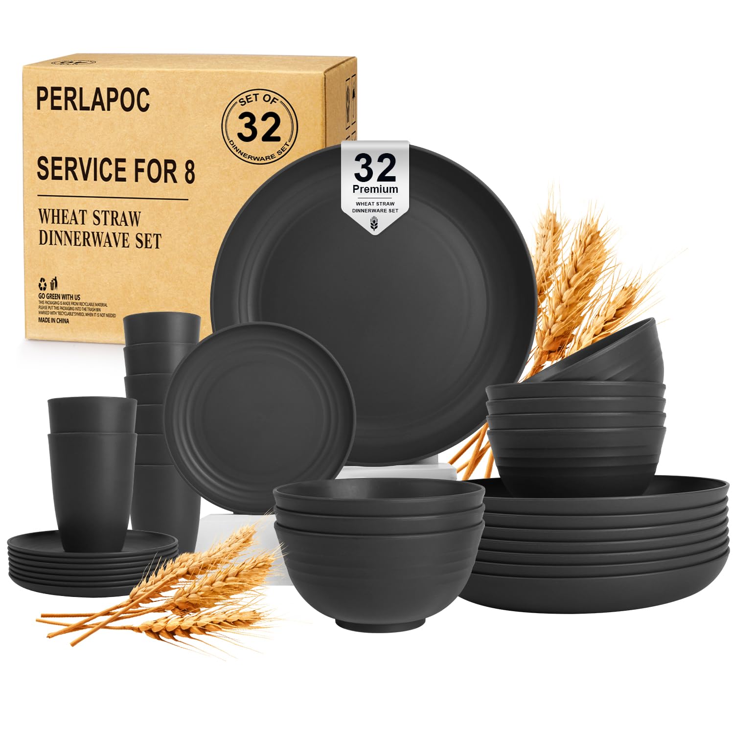 Wheat Straw Dinnerware Sets for 8, 32 PCS Unbreakable Plates and Bowls Sets, Reusable Dinnerware Set for Kitchen Outdoor and Apartment Dinning Essentials - Black
