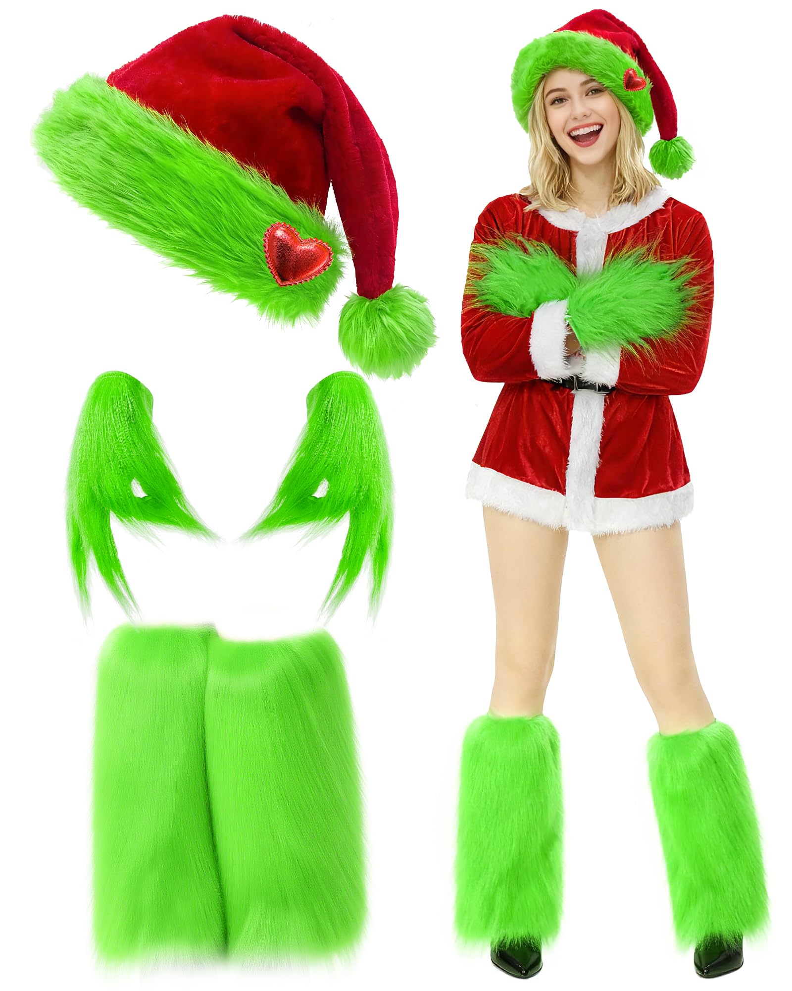 Christmas Monster Santa Costume for Women with Santa Hat Green Fuzzy Faux Leg Warmers Green Hand Gloves for Christmas Halloween Cosplay Costume