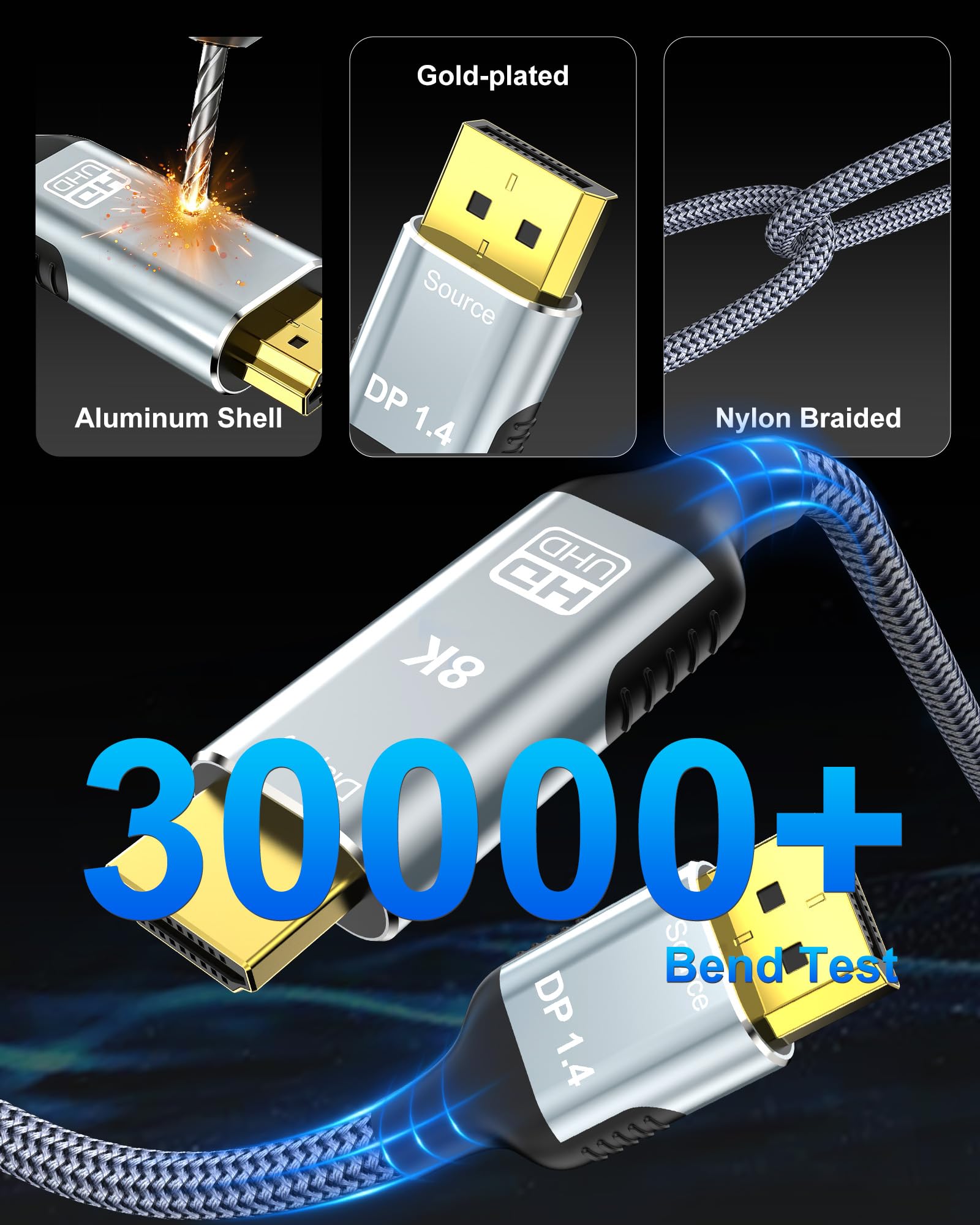 Câble DisplayPort 8K vers HDMI 2.1 de 1,8 m, 8K @ 60 Hz, 4K @ 240 Hz, port d'affichage unidirectionnel 1.4 source vers écran HDMI 2.1, cordon tressé DP vers HDMI pour Dell, NVIDIA, AMD