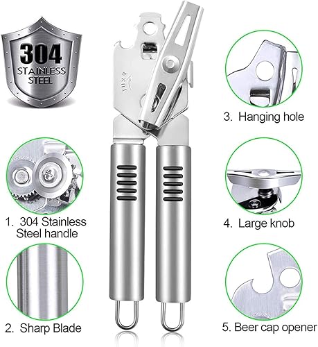 Miniatura 4 de Abridor de latas, de acero inoxidable, resistente, manual de abrelatas para cocina, borde liso, duradero, apto para alimentos, corte, 3 en 1, para