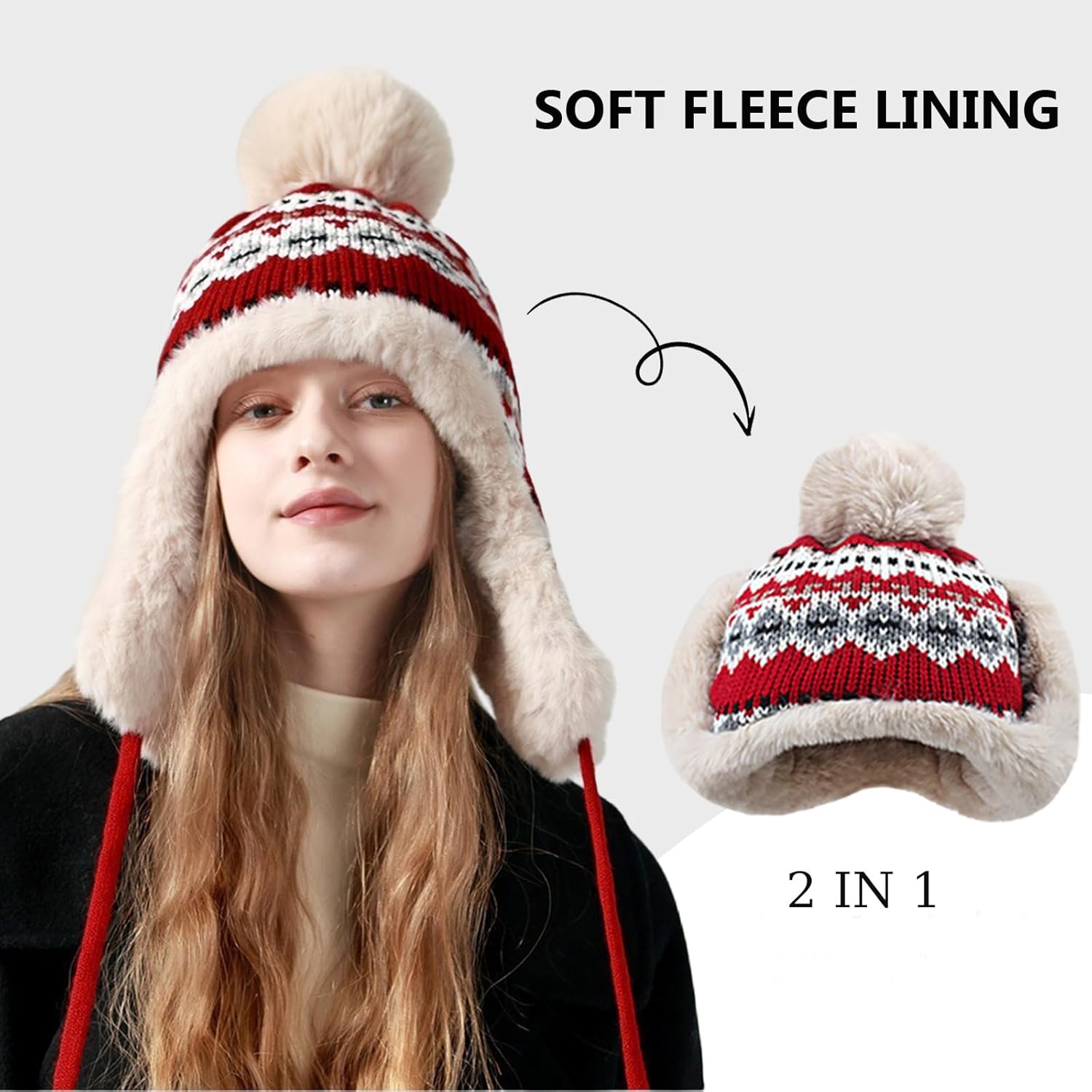 haozaikeji Women Winter Trapper Hat Faux Fur Knit Beanie Hat Thermal Earflap Outdoor Cap Pompom Hats Ushanka Hats - Image 2