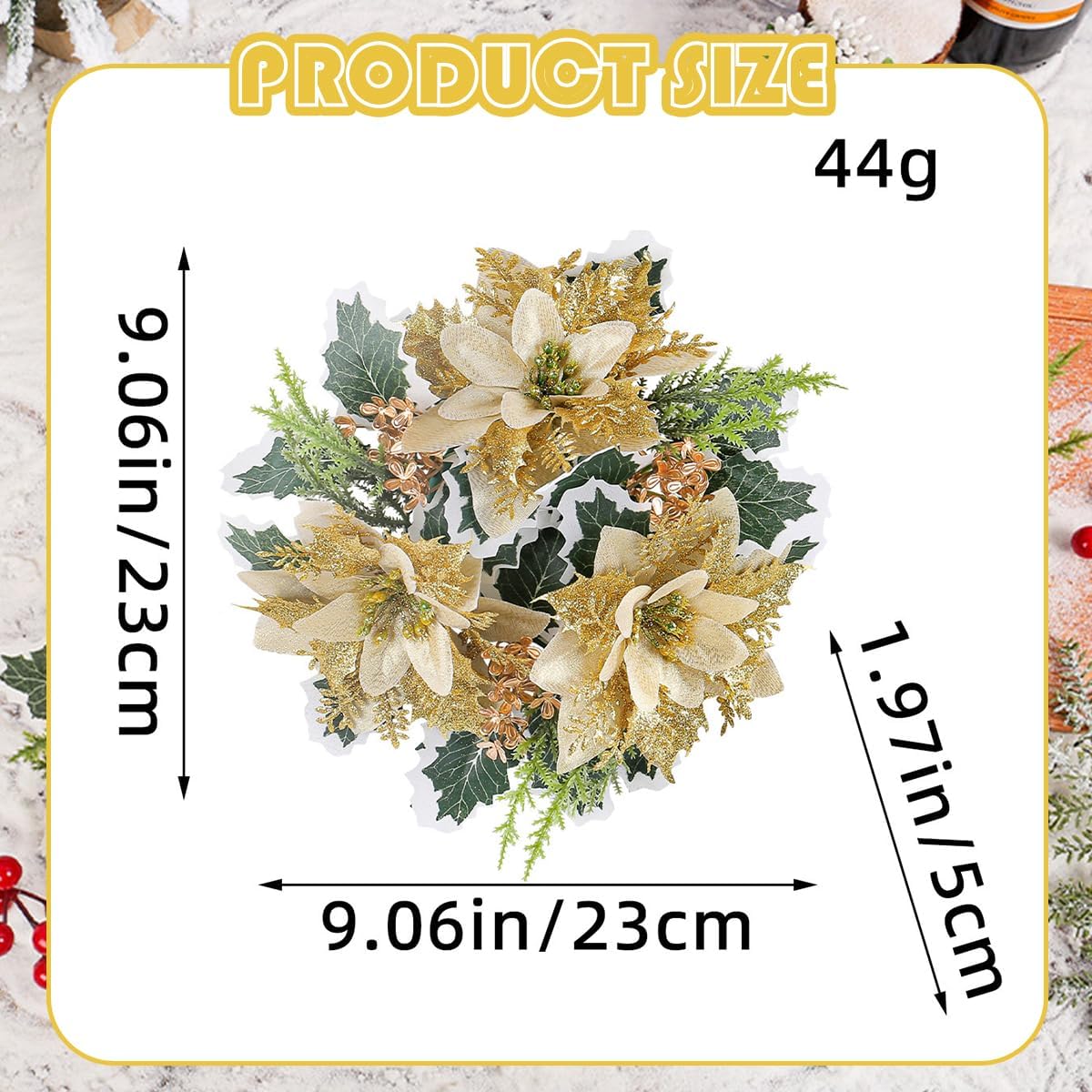 Christmas Candle Wreaths Rings Gold Glitter Artificial Poinsettia Flower Candle Garland Xmas Wreath Candle Ring Holder for Christmas Wedding Birthday Party Holiday Bedroom Decorations