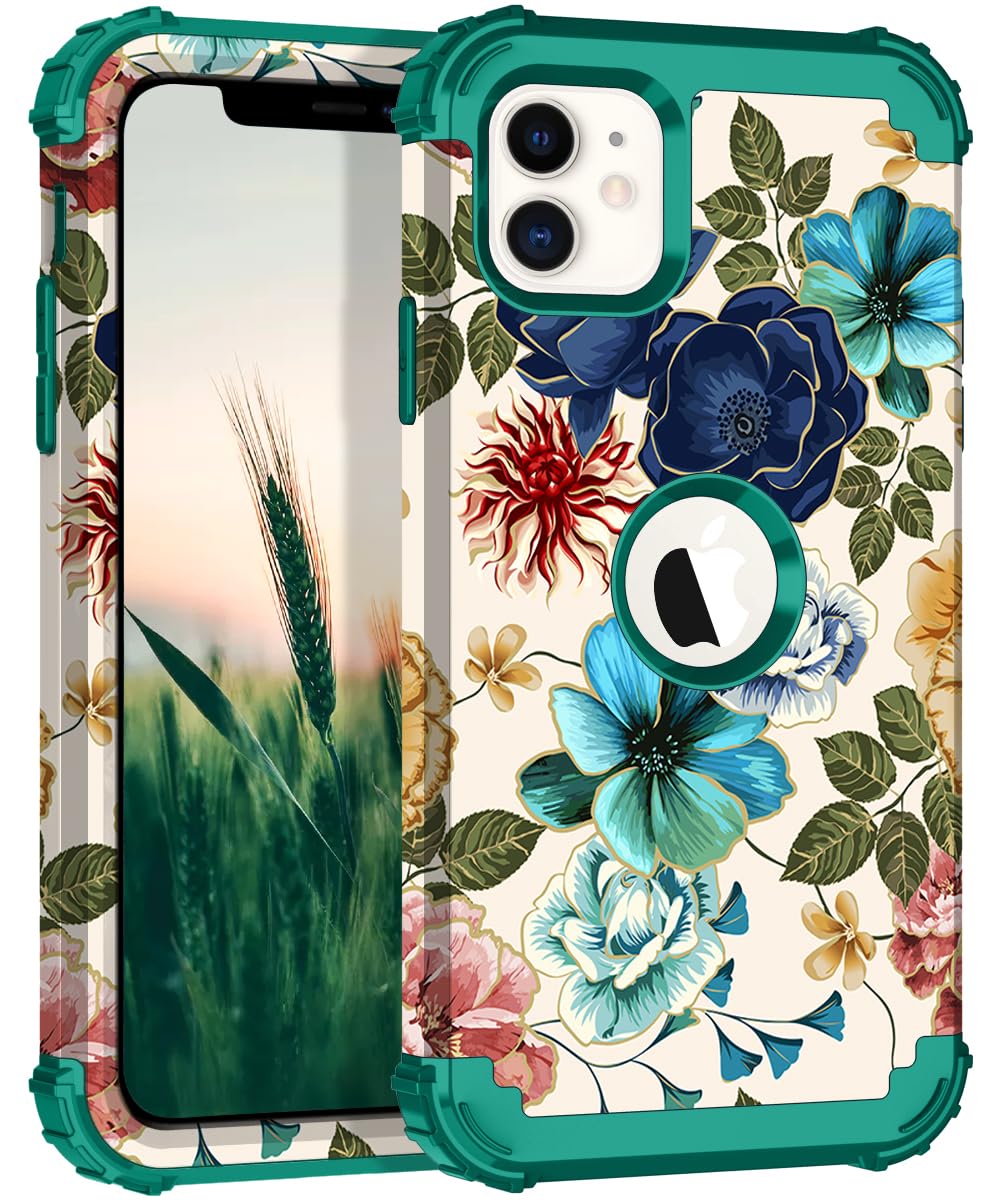 Hocasefor iPhone 11 Case, Heavy Duty Shockproof Protection Soft Silicone Rubber+Hard Plastic Bumper 3-in-1 Hybrid Protective Case for iPhone 11 (6.1" Display) 2019 Release - Teal Flowers