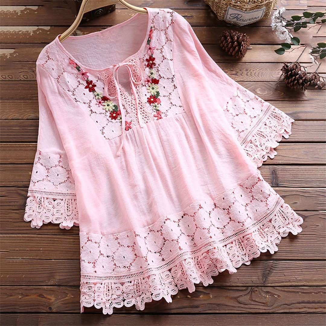 Camicetta da Donna in Pizzo con Scollo a V e Maniche a 3/4 Camicie estive in Lino Patchwork Vintage Casual Top a Tunica Larga 1-Blue L