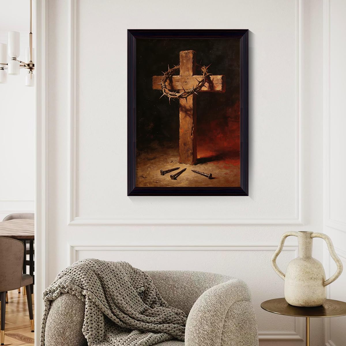 Framed Jesus Crucifixion Canvas Wall Art, Classic Good Friday Poster, Christian Religious Spiritual Faith Painting for Prayer Room, Cross And Nails Picture 12x16in