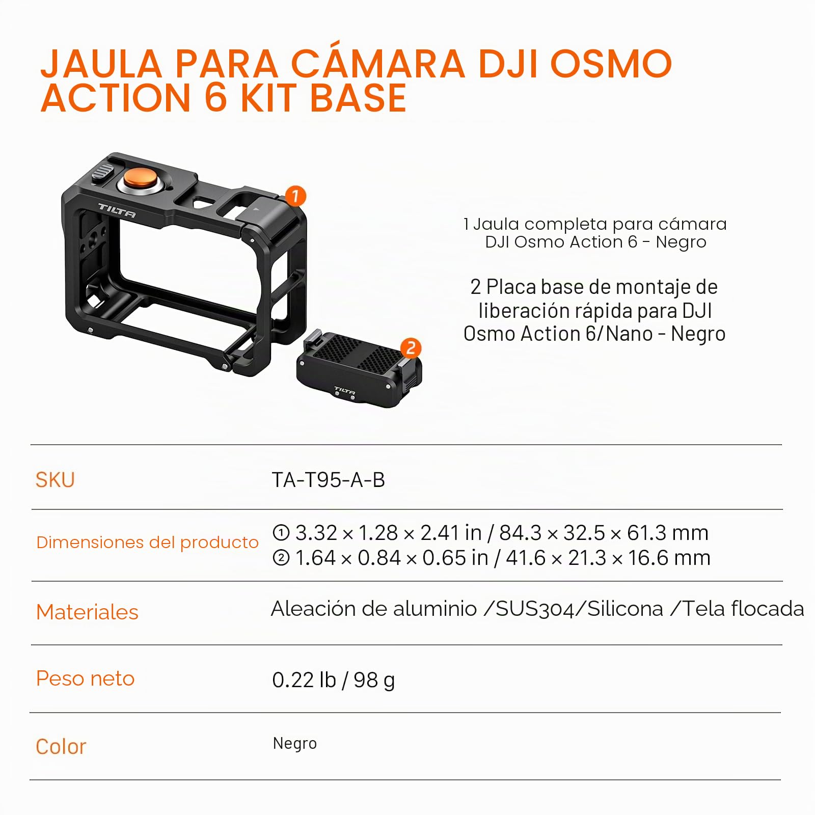 Tilta Jaula Action 6, Kit Básico de Jaula para Cámara Compatible con dji Osmo Action 6 con Placa Base de Montaje de Liberación Rápida - Negro TA-T95-A-B