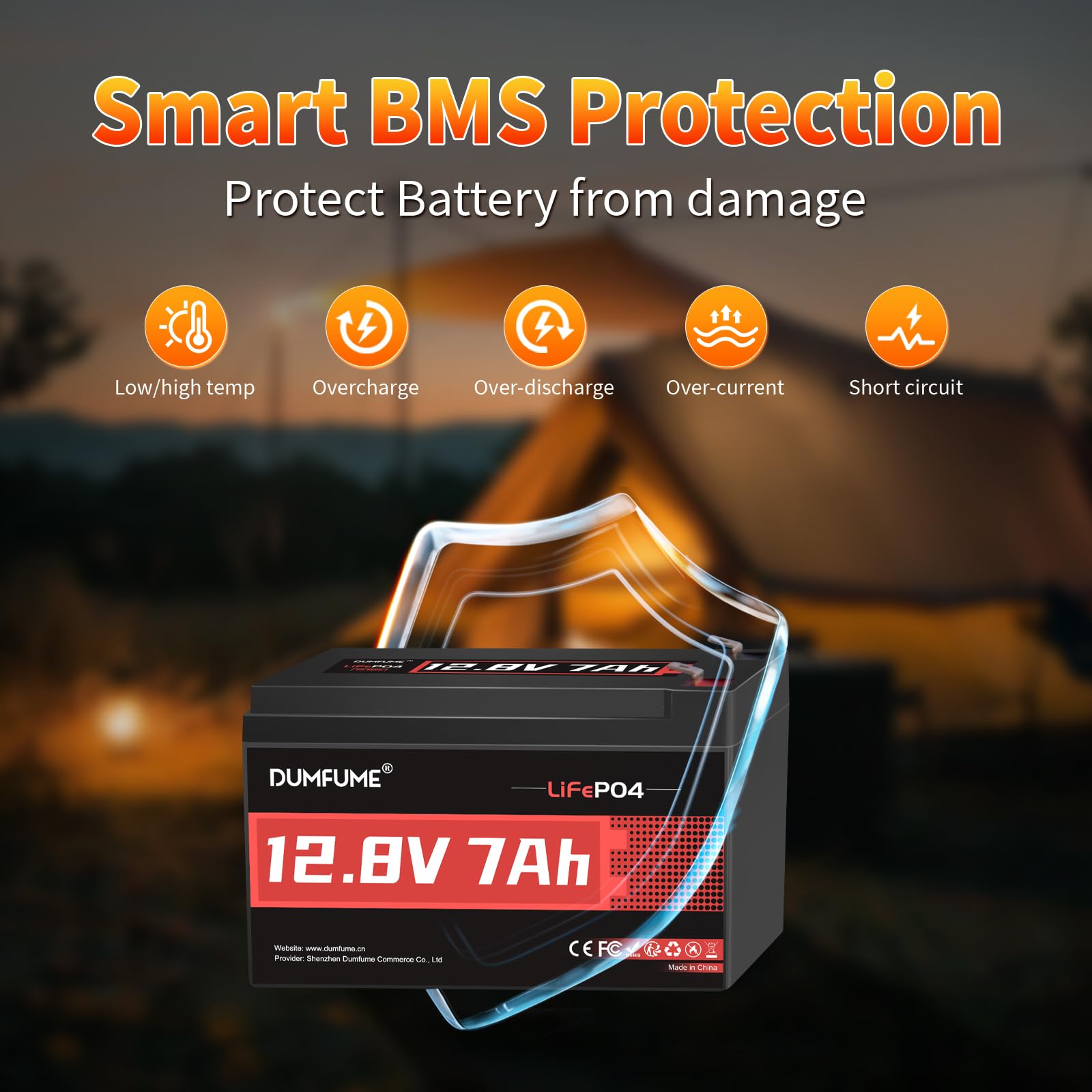 Dumfume Batteria LiFePO4 al Litio 12V 7Ah – 15.000+ Cicli, BMS 7A Integrato, 86,9W Per Piccoli Inverter, Rilevatori di Pesci, Illuminazione Solare, Campeggio