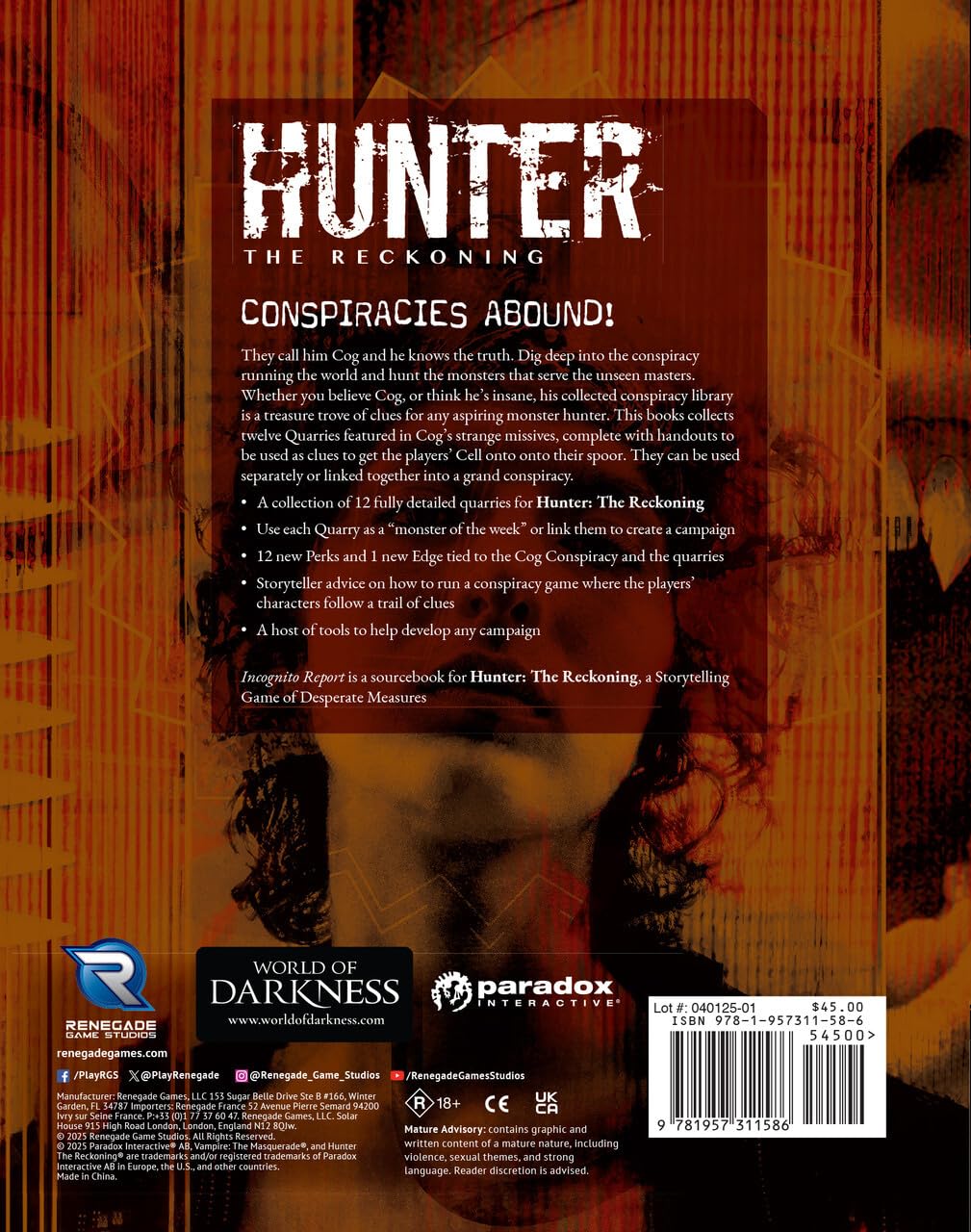Renegade Game Studios: Hunter: The Reckoning 5th Edition Gra fabularna - Incognito Report Chronicle Book, World of Darkness, Wiek 18+, 3-6 graczy