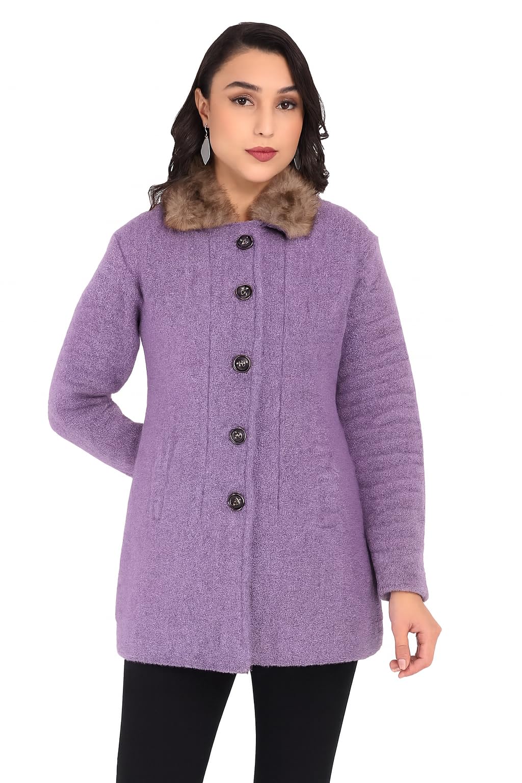 hautemoda Solid Collared Neck Casual Women Coat with Fur Collar-picture-24
