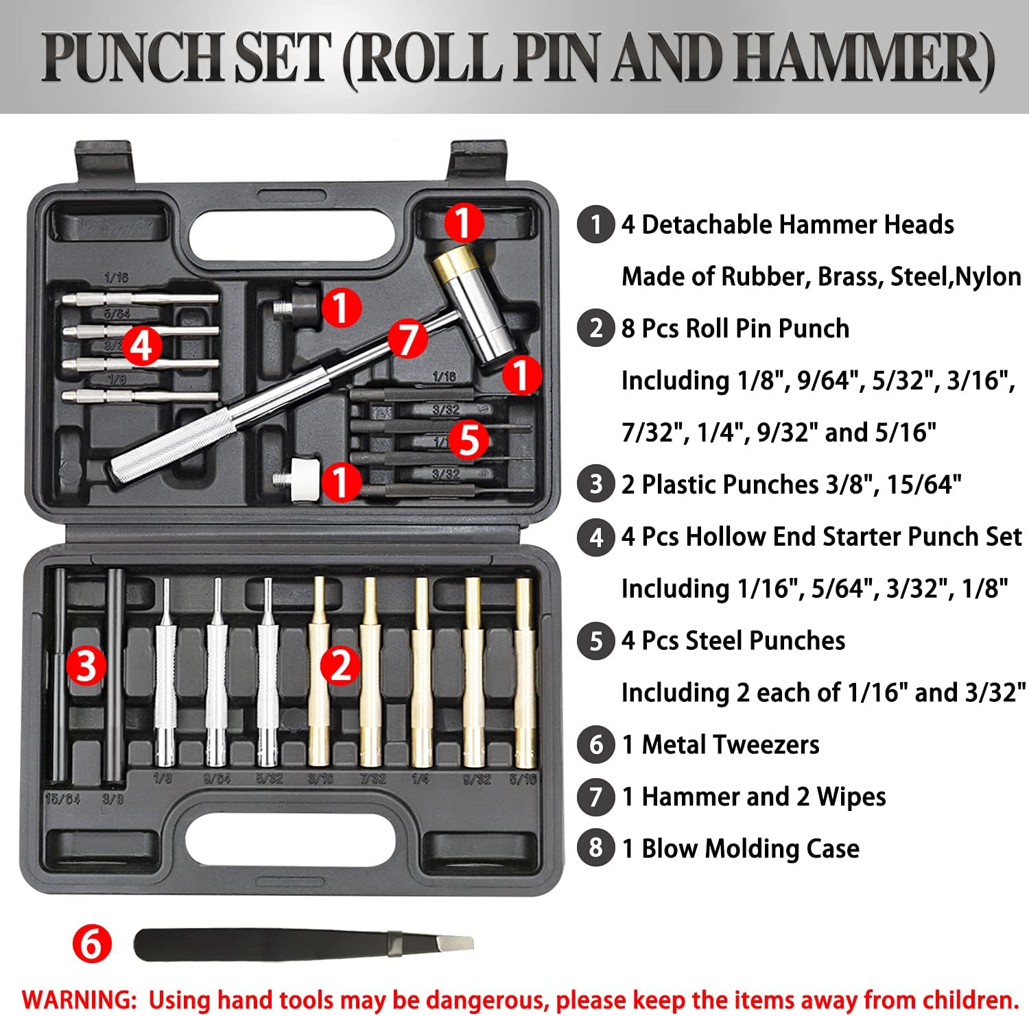 BESTNULE Punch Set, Punch Tools, Roll Pin Punch Set, Made of Solid Material Including Steel Punch and Hammer, Ideal for Machinery Maintenance with Organizer Storage Container (Without Bench Block) - - 