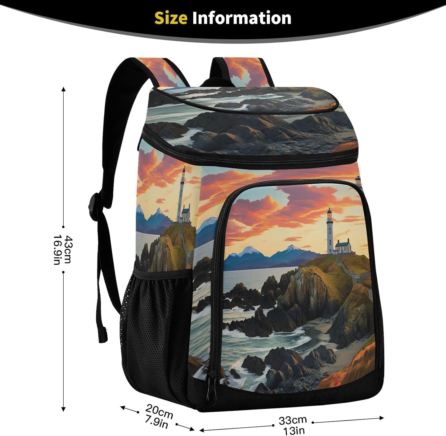 Lighthouse and Mountain Cooler Backpack 36 Cans Leakproof Waterproof Backpack Cooler Bag Beach Accessories Travel Camping Fishing Backpack for Women Men