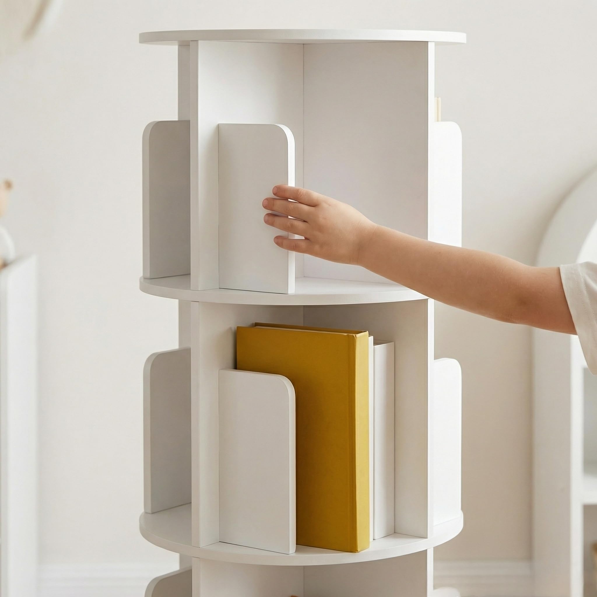 Enfant Bibliothèque Pivotante, 360° Rotative, 4 Niveaux, Étagère à Jouets, Bibliothèque Enfant pour Chambres d'enfants, Bibliotheque Enfant et Salon, Ronde, Blanc