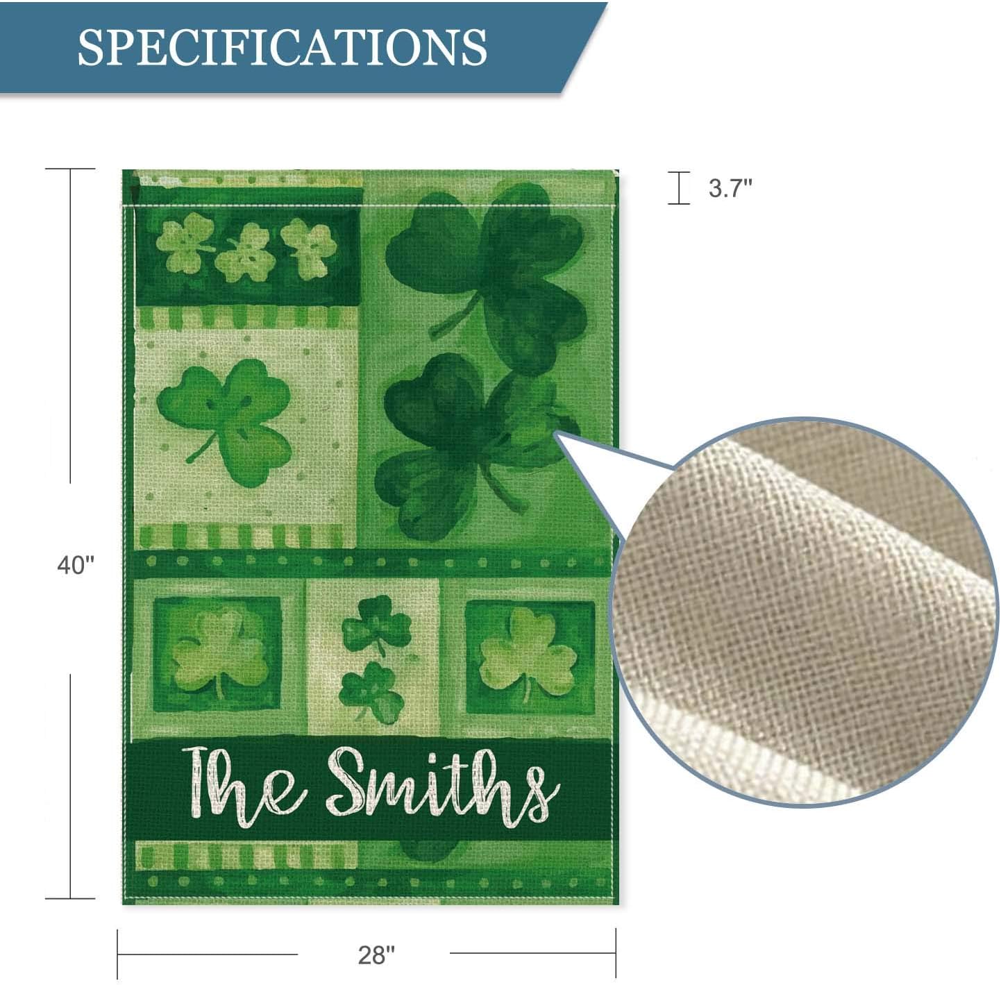 Smile Personalized St Patricks Day House Flag, Customized Family Last Name Green Shamrock Clover, Double Sided 28 x 40 Inch Rustic Farmhouse Burlap Yard Outdoor Decoration