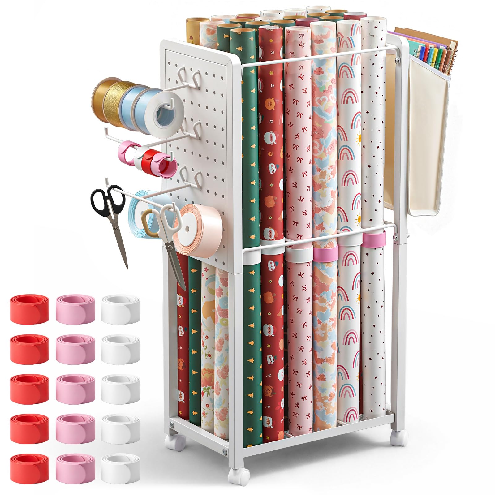 Geschenkpapier-Aufbewahrungs-Organizer-Wagen mit 15 Slap-Bändern, Roll-Geschenkpapier-Wagen für Geschenkpapier, Bandhalter, Bastelbedarf, Bauzeichnungen