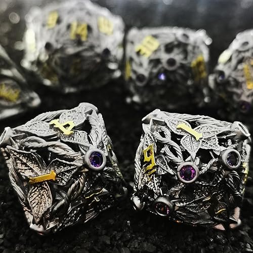 Miniatura 6 de HAOMEJA Hollow Magic Vine Leaf - Juego de dados de metal para DND, 7 dados para juegos de rol D&D Dungeons and Dragons (gris + gema morada)