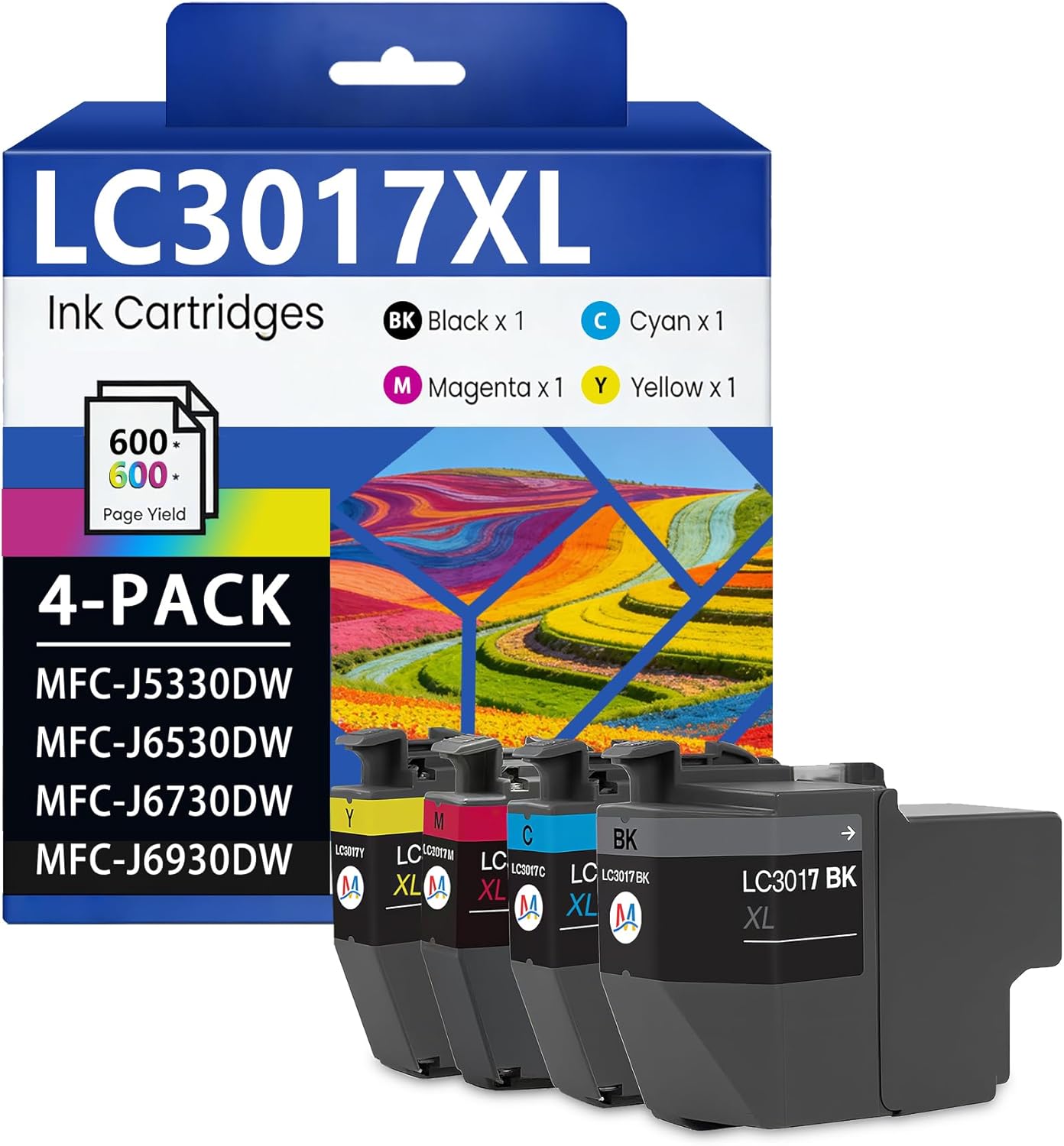 LC3017 XL Ink High Yield Color Ink Cartridges 4-Pack Each LC3017BK LC3017C LC3017M LC3017Y Replacement for Brother LC3017 Ink Cartridges for MFC-J5330DW MFC-J6530DW MFC-J6930DW Printer (BK/C/M/Y)