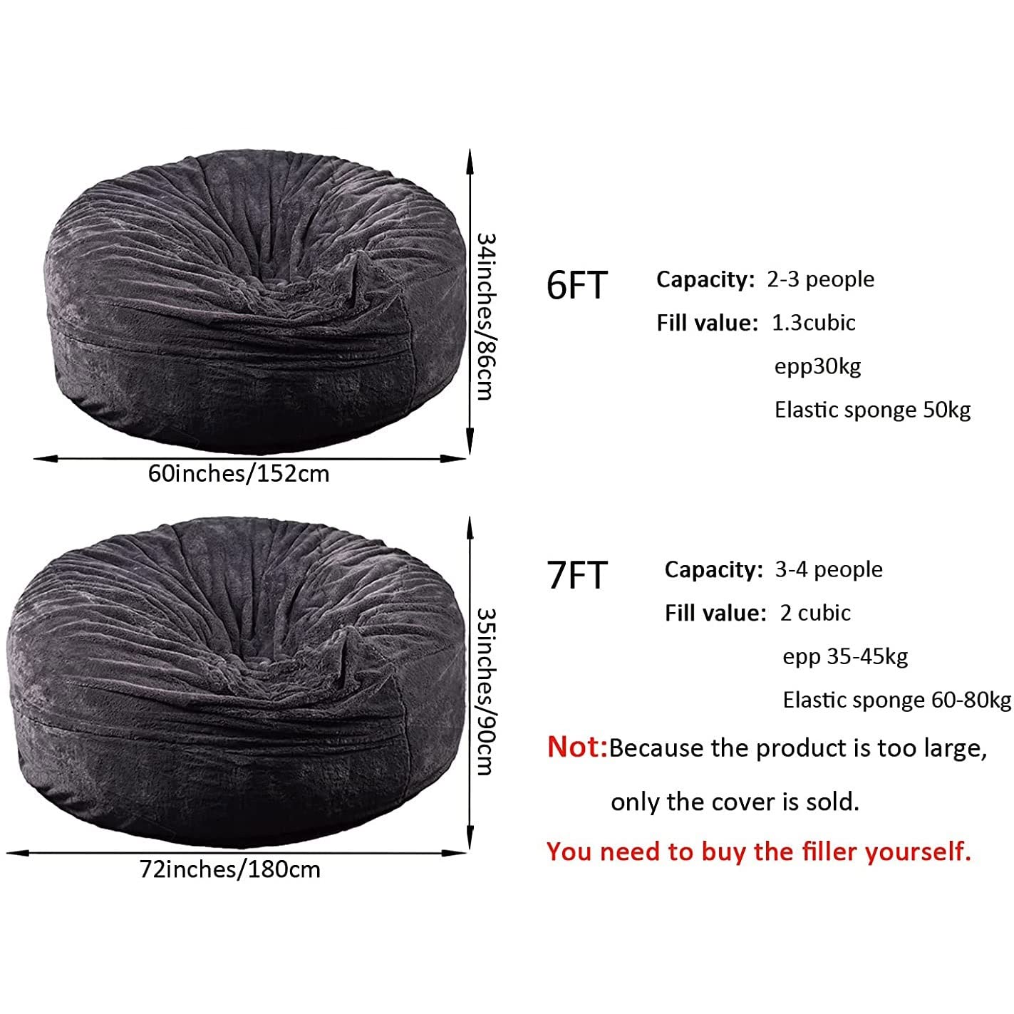 Funda para puf gigante, (solo incluye la funda, no el puf completo, sin relleno), funda de gamuza para sofá para adultos (color negro, tamaño: 6 pies) 7