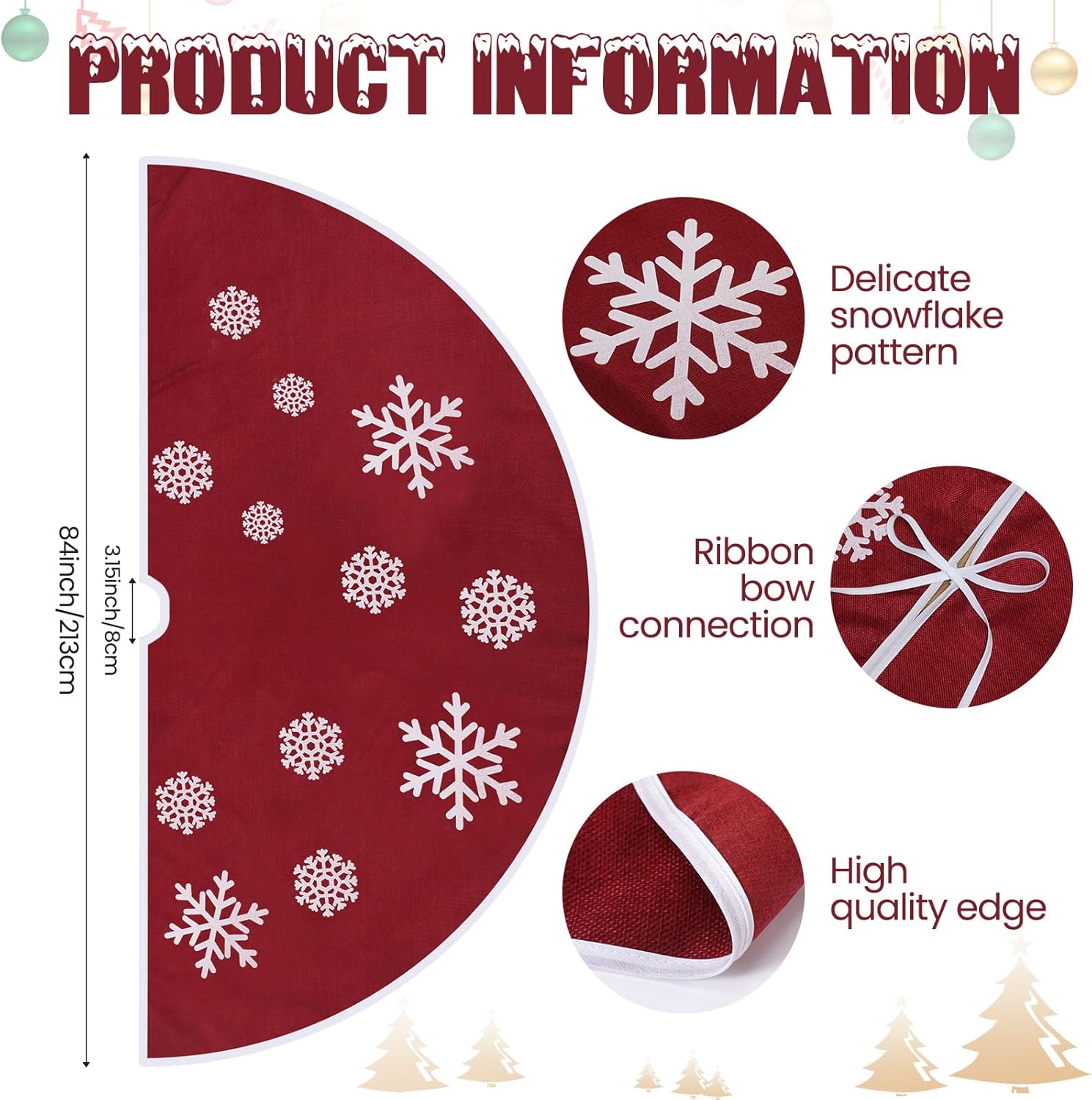 Large Christmas Tree Skirt, Burlap Tree Skirt White Snowflake Xmas Mat for Christmas Home Farmhouse Holiday Indoor Outdoor Decoration (84 Inch,Red)