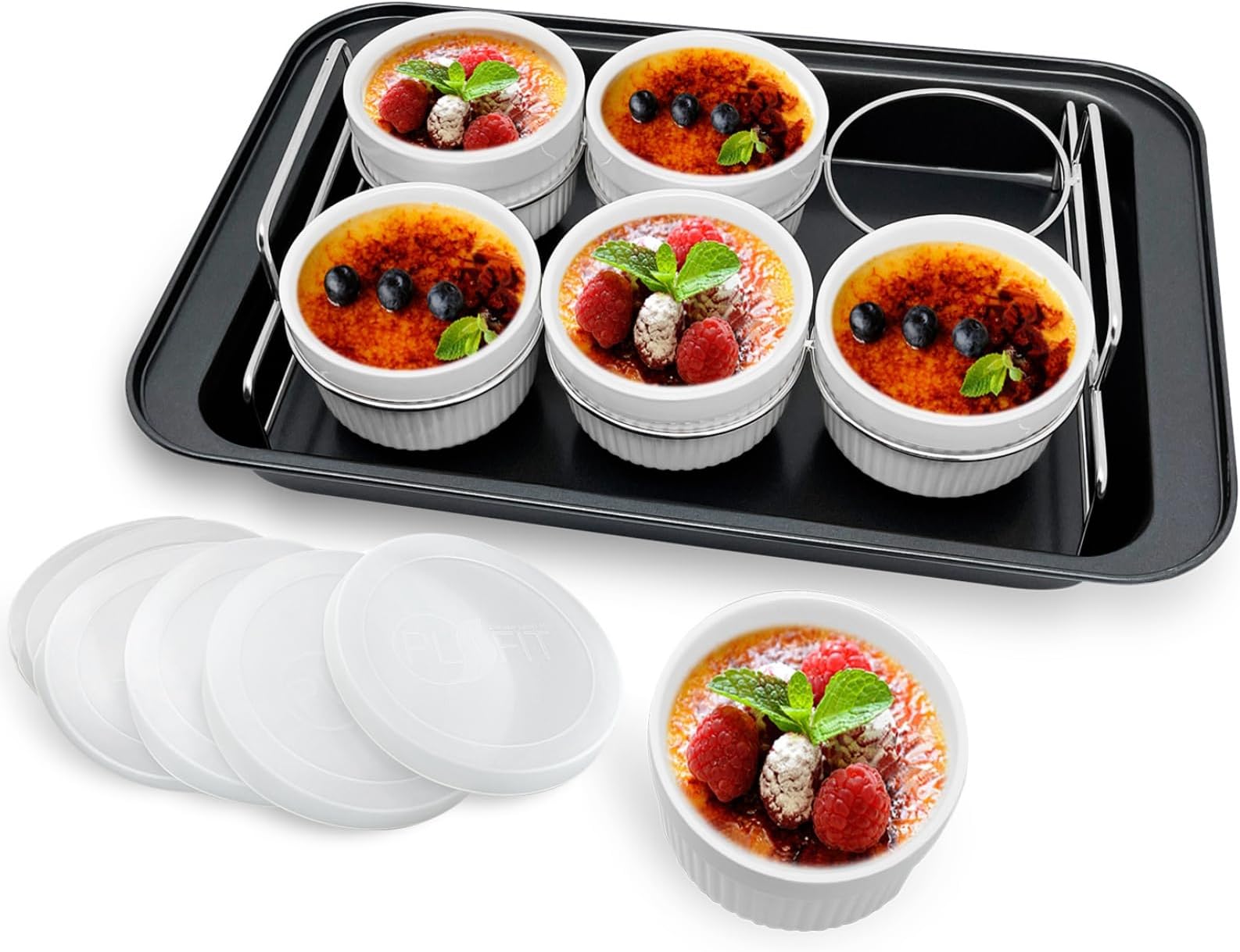 Ramekins Set with 6 Silicone Lids,Creme Brulee Making Set,304 Stainless Steel Lifting Rack and 10" X 14.6" Bottom Baking Pan, Set of 6 Porcelain Ramekins, Oven Safe Covered Bowls & Soufflé Dishes