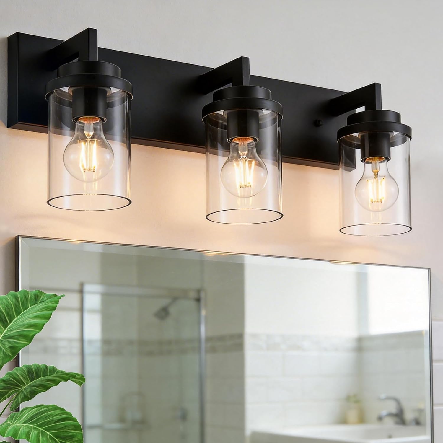 VINLUZ 3 Light Modern Bathroom Vanity Lights, Black Bathroom Lighting Fixtures Over Mirror with Clear Glass Shades, Industrial Wall Sconces Light Fixture for Kitchen Hallway Makeup Dressing