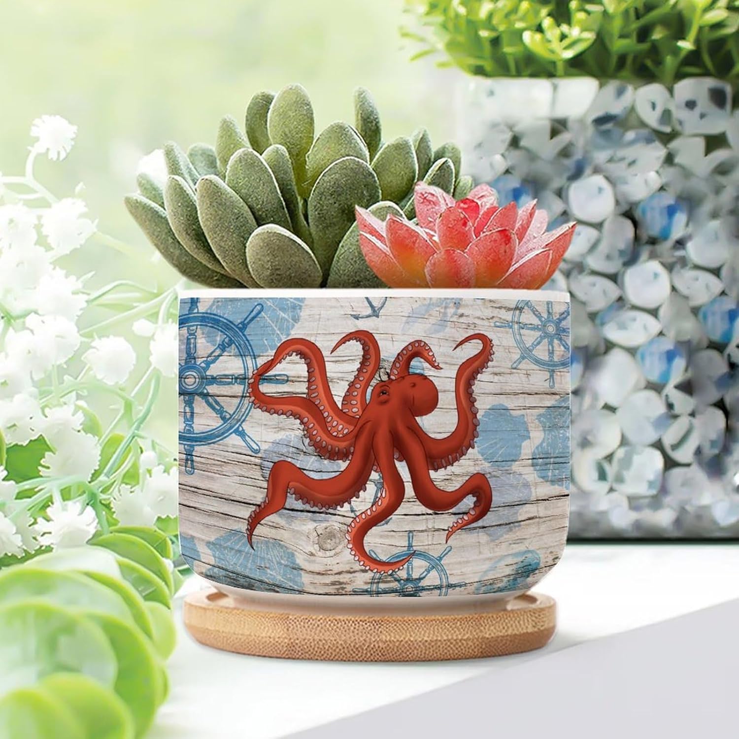 Beach Sea Ocean Animal Octopus Succulent Planters Set of 5 Small Ceramic Pots for Plants with Drainage Holes and Bamboo Tray Ocean Decor Nautical Ceramic Planters for Indoor Plants