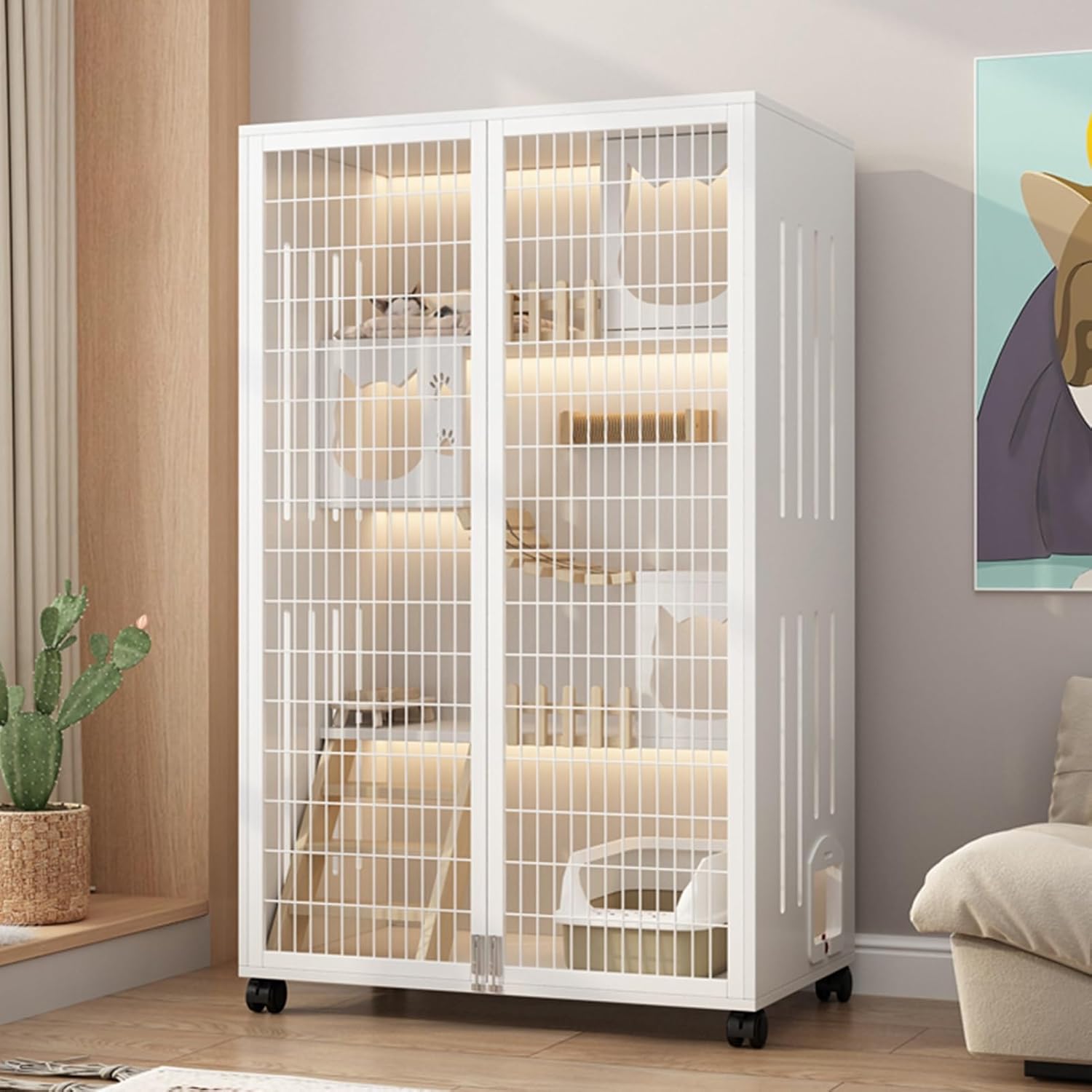 Cat Playpen, Panoramic see-through Cat Enclosures, Indoor luxury cat villa, DIY cat playpen, Hollow design on both sides to avoid stuffiness, for indoors or outdoors(White,47.2x47.2)