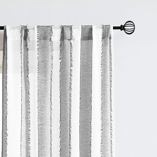 Miniatura 9 de Fragrantex Cortinas semitraslúcidas con rayas verticales blancas y grises para dormitorio, cortinas de granja de 84 pulgadas de largo, cortinas y