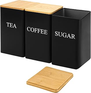 Set of 3 Coffee, Tea, and Sugar Canister Black Iron – Kitchen Storage Jars with Bamboo Lid and Name Marker – Simple Flour Container (6x3 Inch, 33 OZ)