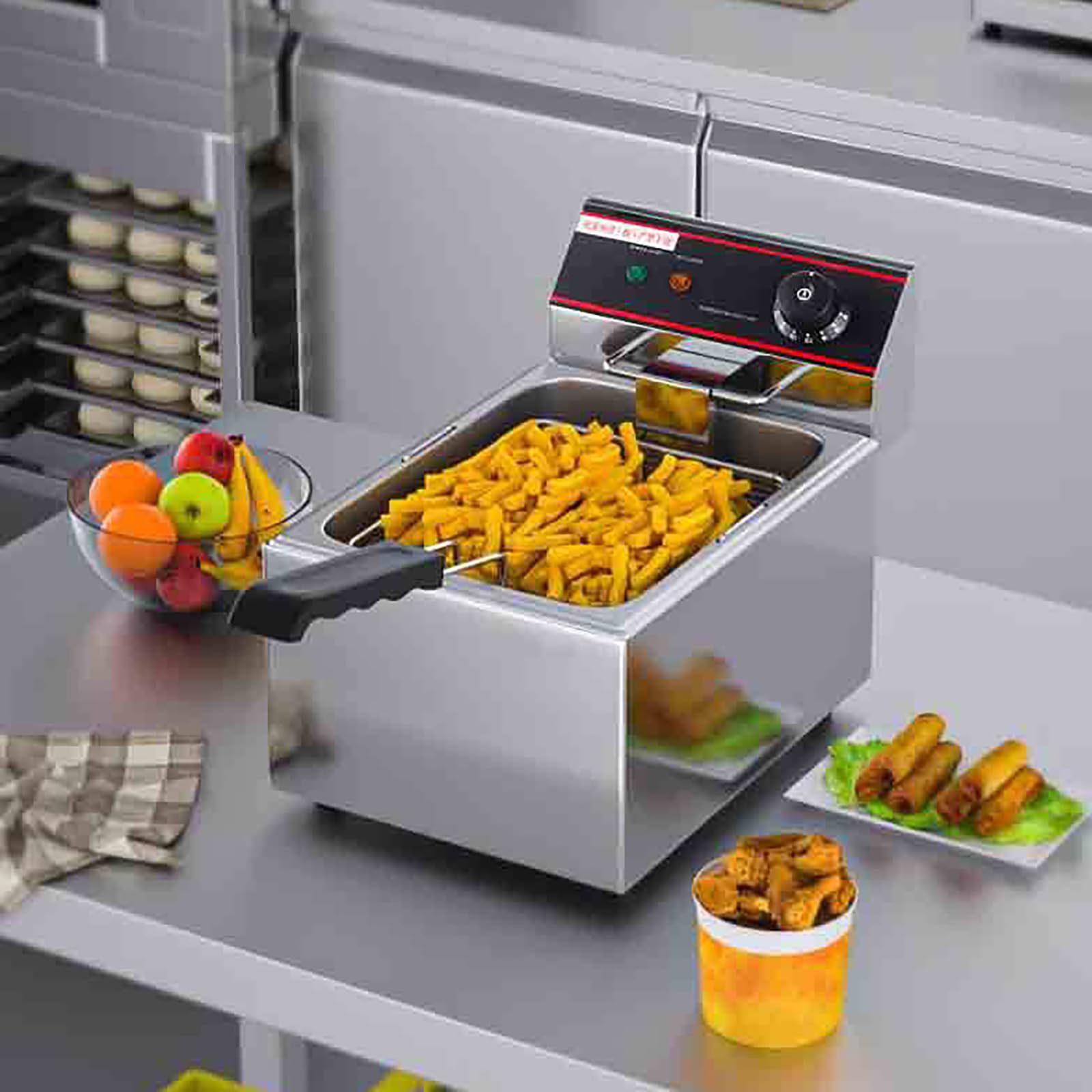 Friggitrice Elettrica da Banco Commerciale in Acciaio Inossidabile con Cestello E Coperchio per Patatine Fritte, Pollo, Ciambelle E Altro, Facile da Pulire (B 12L)