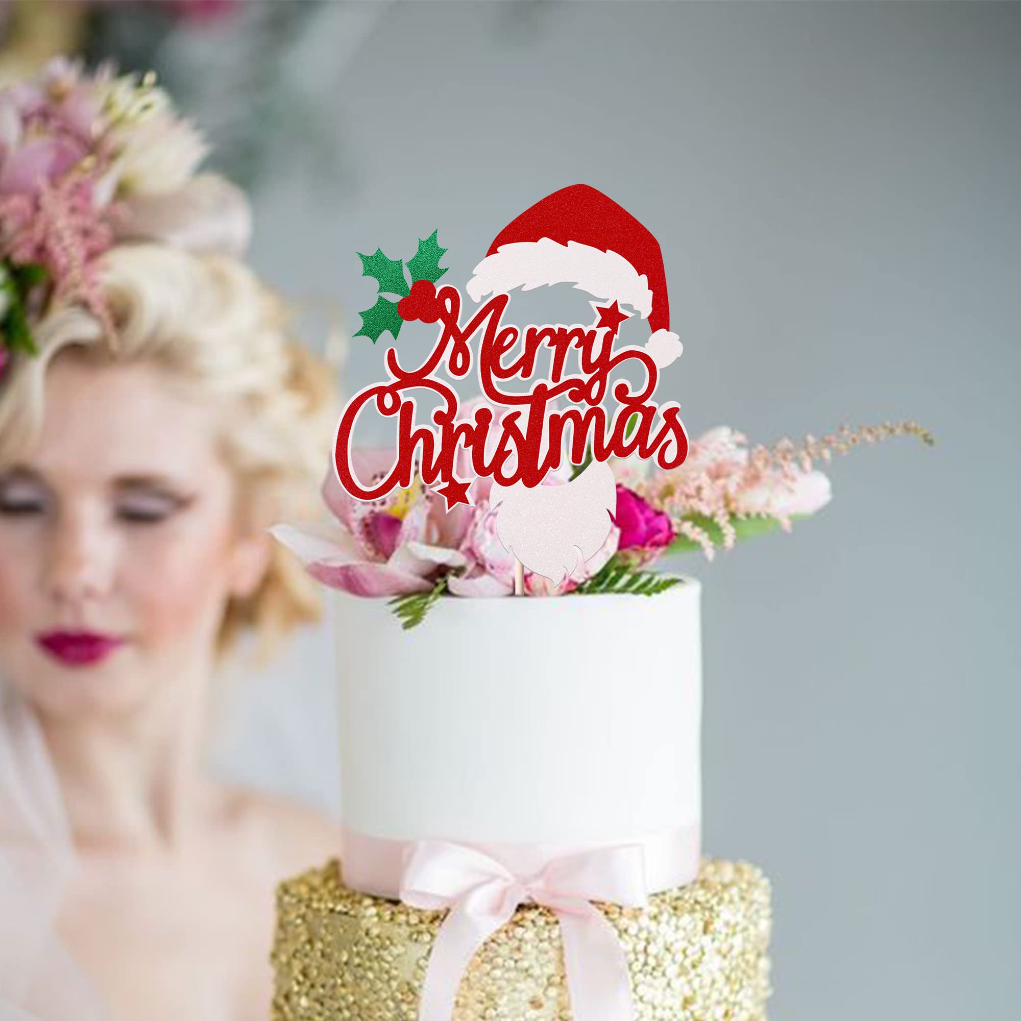 Weihnachts-Kuchenaufsatz „Merry Birthday“ – Glitzernde Stechpalmen-Deko, 15x20 Cm, Für Weihnachts-Partys