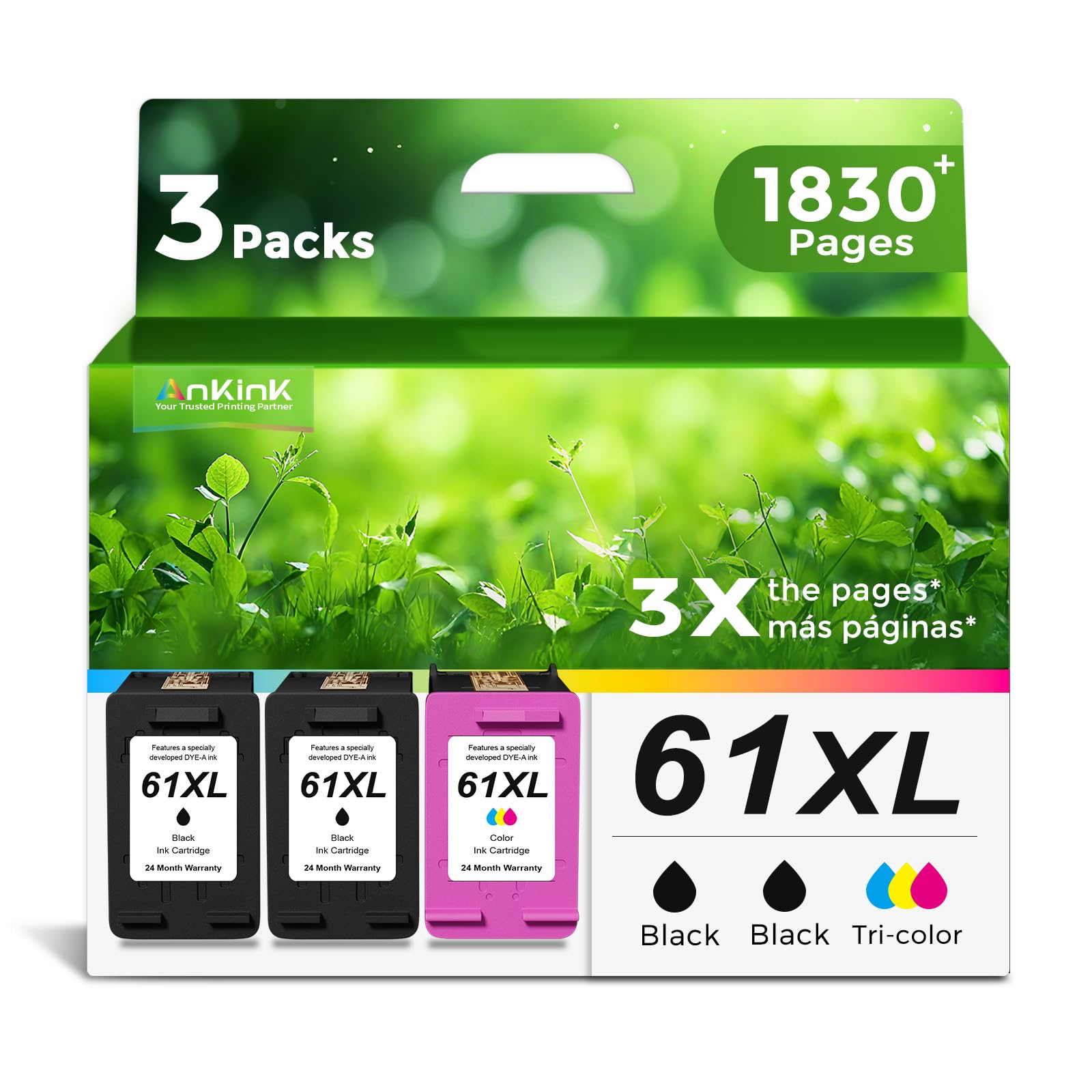 Ankink 3 Pack 61XL Ink Cartridge Compatible Replacement for HP 61 XL (2 Black 1 Tri Color) for HP61XL Combo for HP61 for 5530 4500 2540 4630 4501 4502
