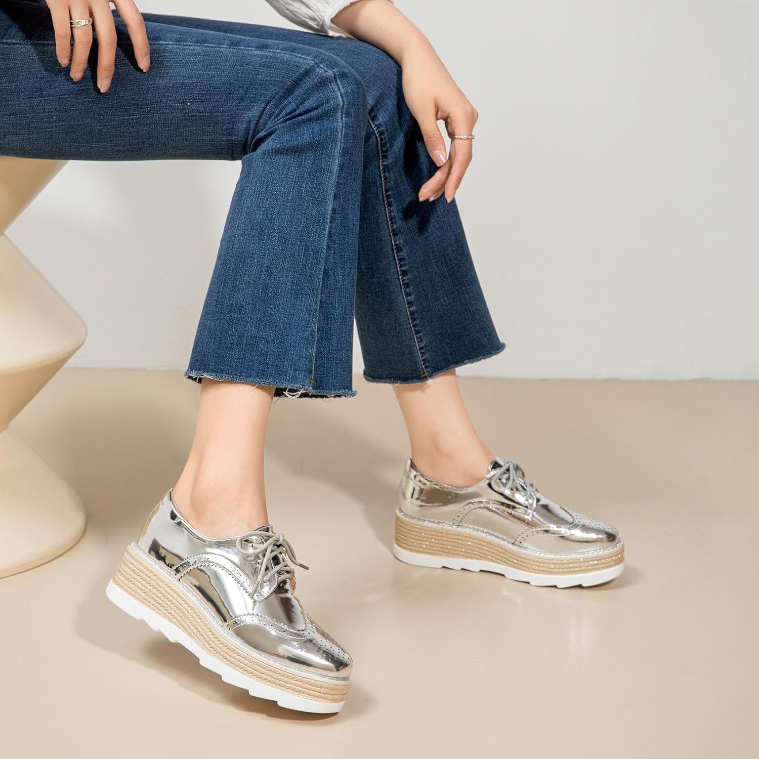 SHEMEE Women's Platform Heels Wedge Lace Up Oxfords Pumps Retro Wingtip High Heels Round Toe British Style Brogues Leisure Sneaker Shoes