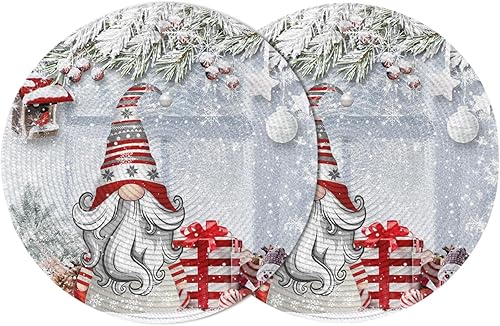 Juego de 2 manteles individuales redondos trenzados, antideslizantes, gnomos de Navidad, copos de nieve, caja de regalo, agujas de pino de Navidad,