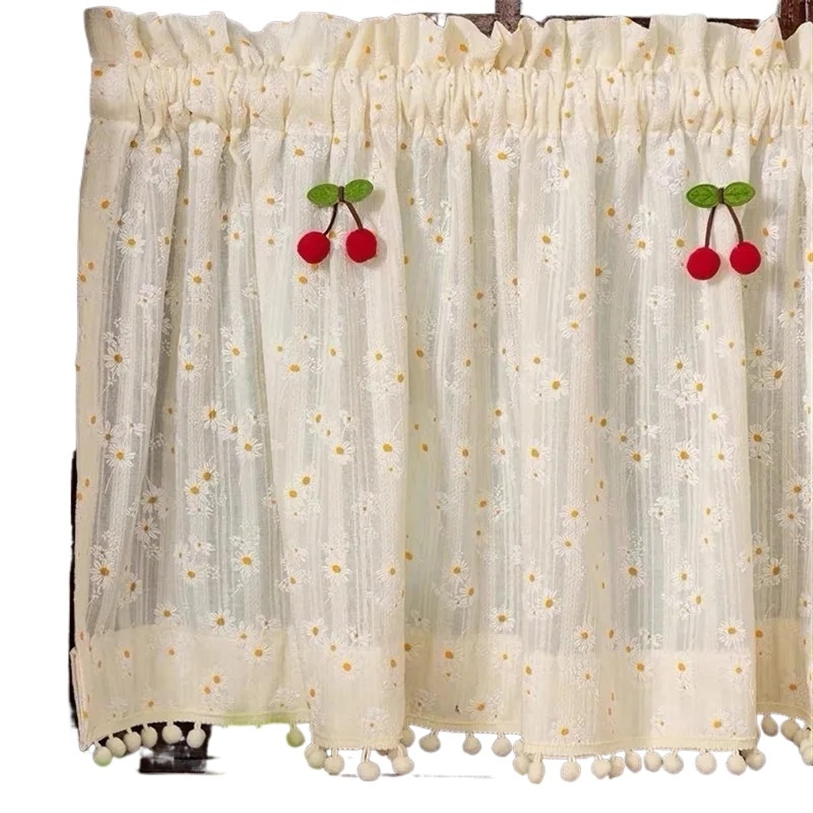 YGSGJSP Cabinet Curtains Pastoral Short Curtain Valance Kitchen Half Drape with Red Cherry Small Window Cabinet Porch Living Room Tassel for Kitchen(W140xH80cm)