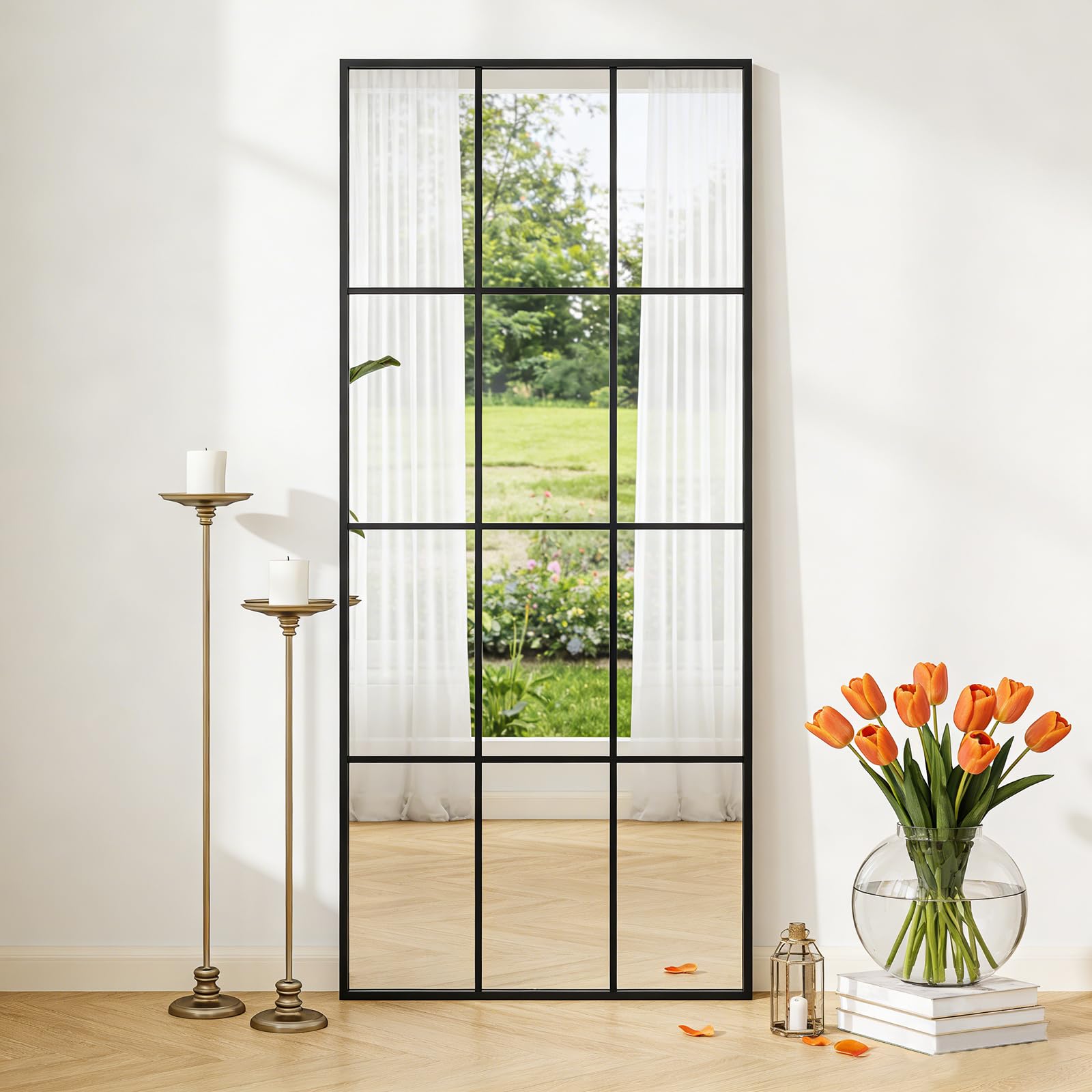 Espejo Ventana de Cuerpo Entero Rectangular, Espejo para Dormitorio y Armario, para Colocar en el Suelo o Fijar en la Pared - Negro, 175x63cm | 69" L x 25" W