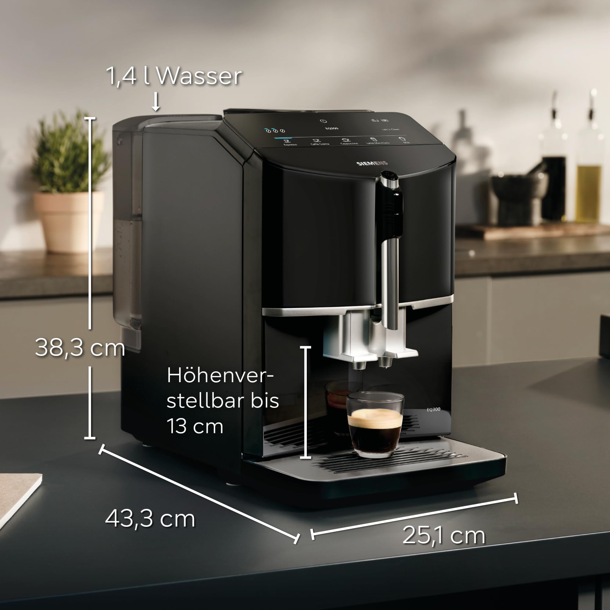 Siemens Kaffeevollautomat EQ300, Milchaufschäumdüse für Cappuccino, Latte Crema, 5 Kaffee- und Milchgetränke auf Knopfdruck, entnehmbare Brüheinheit, einfache und schnelle Reinigung, Schwarz, TF301E19