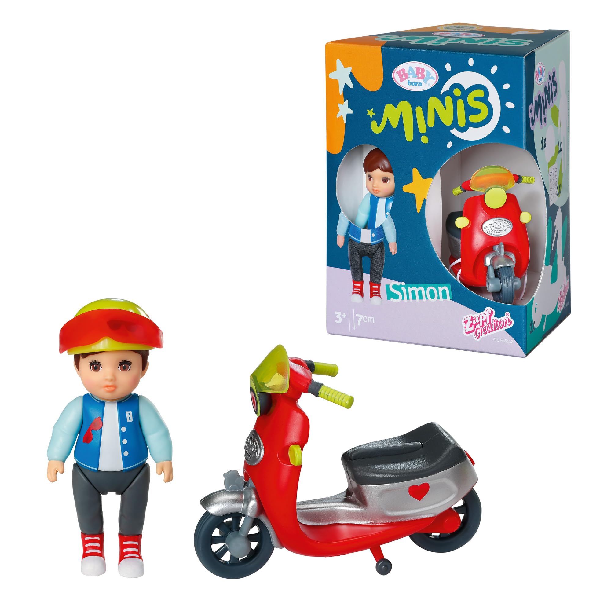 BABY born Minis Scooter-Spielset mit Minis-Puppe Simon mit Roller und Helm, 906118 Zapf Creation