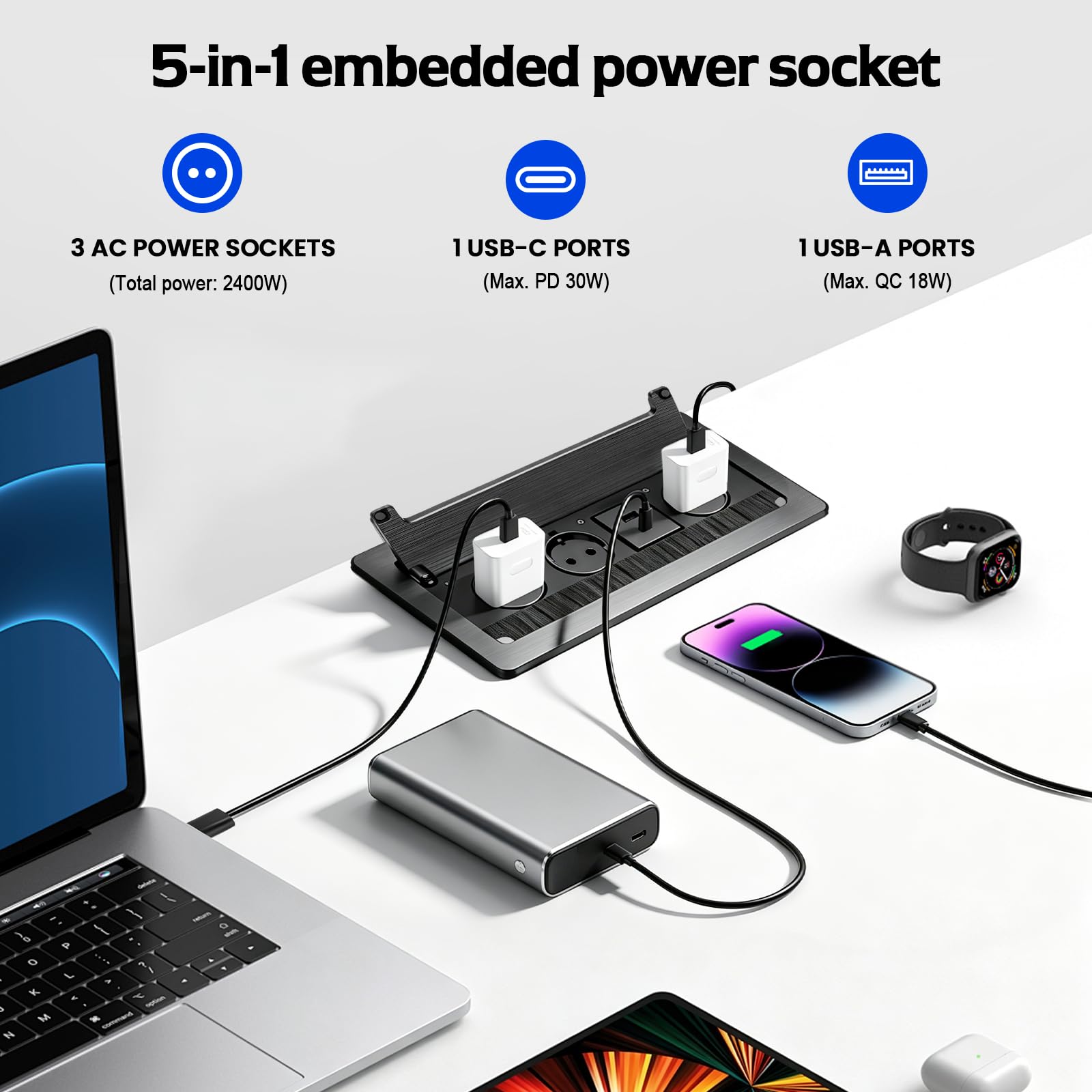 Versenkbare Steckdose 3-Fach mit Deckel, 2 USB-C PD 30W Schnellladung, Tischsteckdose mit Bürstendichtung für Konferenztisch, Arbeitsplatte & Büro, 1,8 m Kabel, Schwarz