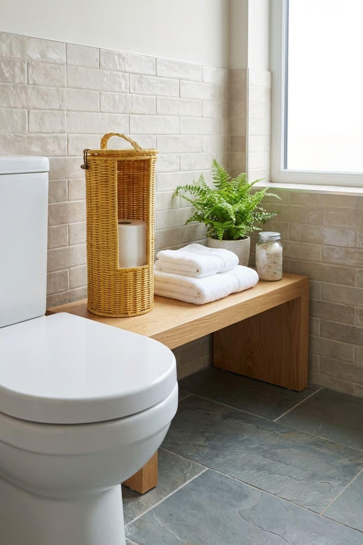 BUFFER Hasır Görünümlü Plastik Rattan Tuvalet Kağıdı Standı, Askılı Kapaklı WC Kağıtlık, Yedekli Banyo Organizer, 37x17 cm
