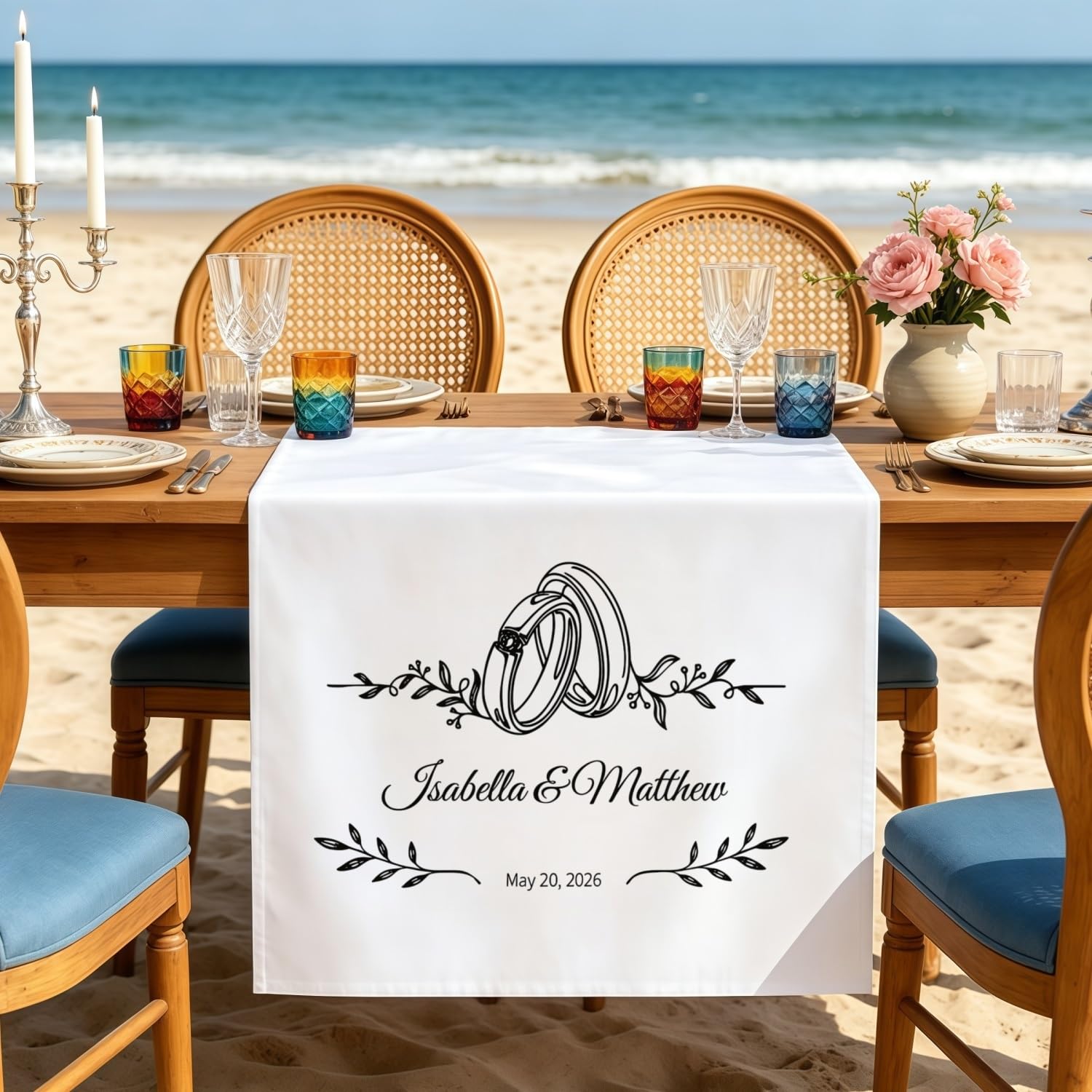 Custom Wedding Table Runner, Personalized Linen Fabric Banner with Name & Date, Hanging Wall Tapestry Decor for Sweetheart Table, Reception Party(S7)