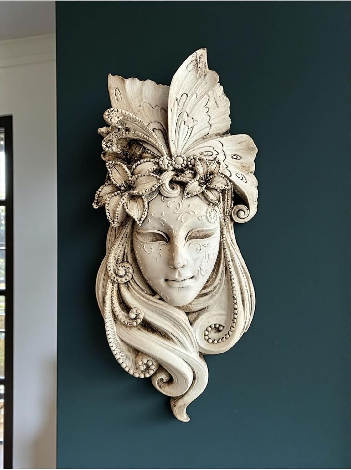 SODEF Wall Mask Set of 3 White Antique Finish Polyester Decorative Abstract Home Decor, 11.8x6.7 inch - White, One Size